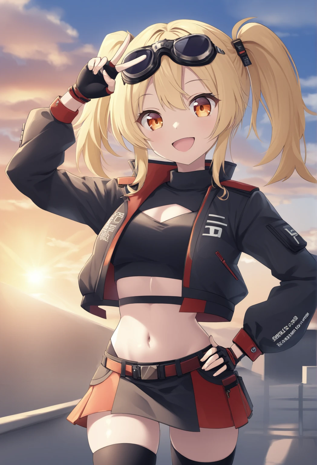  score_9_up,  score_8_up,  score_7_up, sauce_Anime, masterpiece, Best Quality,  1 girl, Alone, Bernice_, sunlight,  sunrise, cloud, Blue Sky,  is standing, v sign,  cheerful smile,  open your mouth , looking at you, upper body,  face focus ,   hand on hip,  blond hair, two side up,  orange eyes with glasses on head , sunglasses, goggles,  SHORT TWIN TAIL,  hair ornament ,  crop top,  tube top,  Black Jacket ,  black　 thigh high socks,  Cropped Jacket ,  blackシャツ,  clevage cutout,  long sleeve , belt,   blackスカート ,  Red Wristbands , Red Knee Brace , Fingerless gloves,   miniskirt, abdomen,  turtleneck,  mature body,  dynamic cowboy shot, Outdoor, sky cloud background