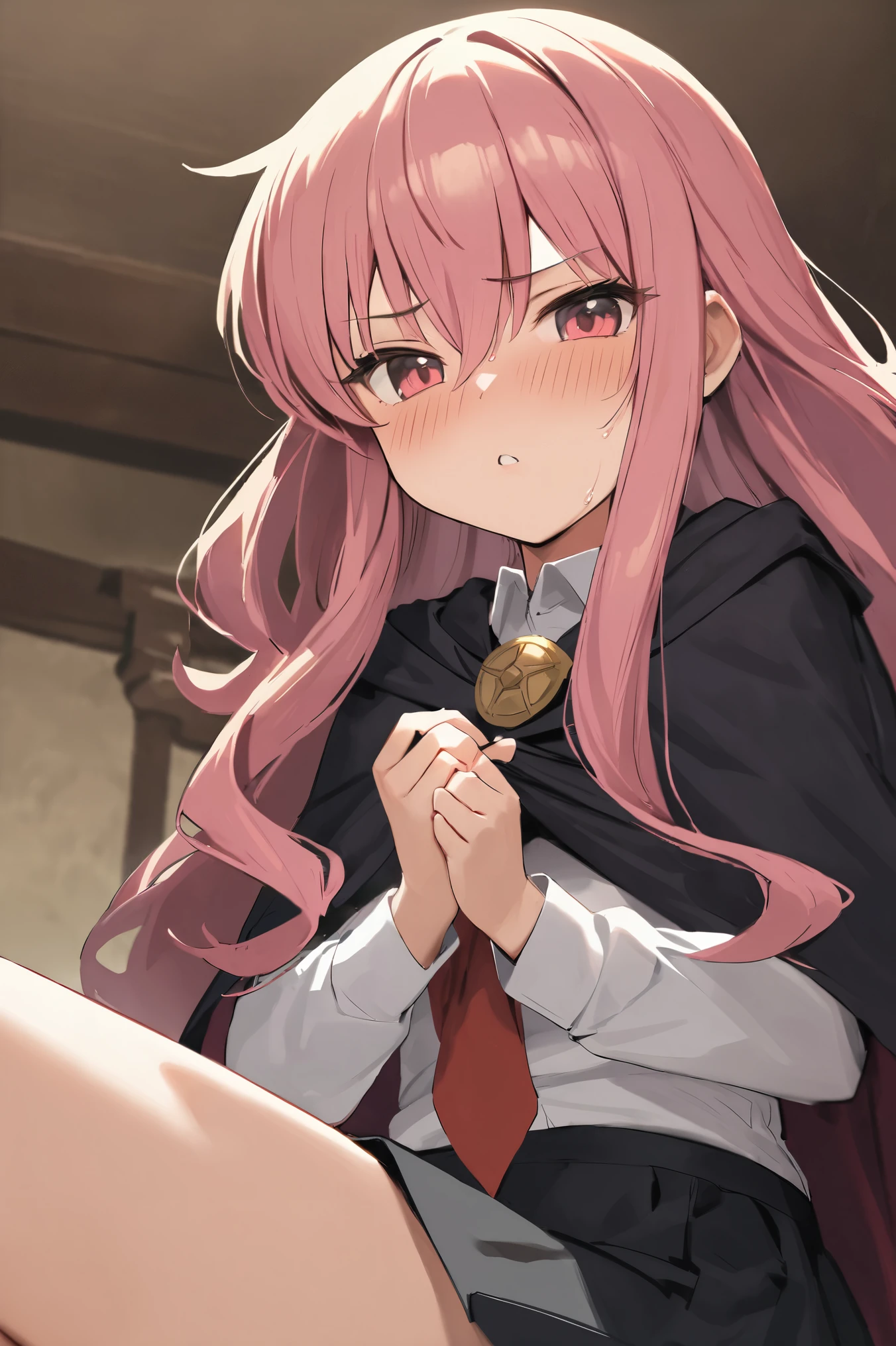 NSFW,masterpiece,Best Quality, high definition, very detailed,Louise Françoise Le Brun de La Valliere \(The Familiar of Zero\),Pink Eyes、Pink Hair,Long Hair, hair between eyes ,Black Cape、 black skirt、 collared shirt