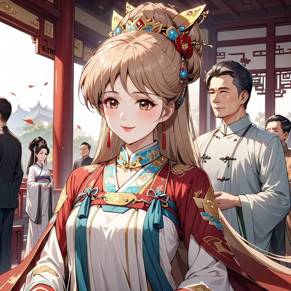  The woman who is a member of the Chinese Communist Party is a beautiful, light-brown-haired Princess Leona, wears the luxurious Han costume of the ancient Chinese empress who is a member of the Chinese Communist Party, pledges absolute loyalty and love to a great Chinese Communist Party executive man, and supports and loves each other in public and private as a wife、((Best Quality)), ((masterpiece)), ( Details), （ perfect face）,The woman is a light-brown-haired Princess Leona with outstanding proportions and is finished as an ancient Chinese empress woman in a Chinese mansion 、The woman is smiling gently