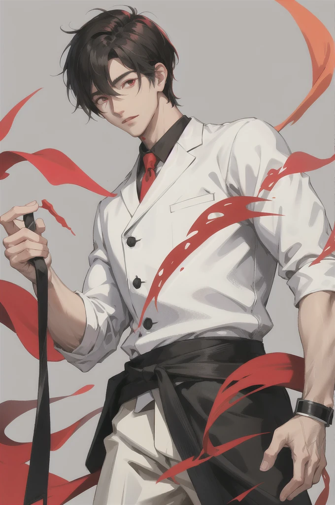 a young man in the story series "Jujutsu kaisen" named "itadori yuji" with a tattooed face, brown eyes, bright red hair, is using the demon domain technique (SUKUNA), and a white kimono shirt, filled with an evil aura colored red, black, with realistic visual effects.