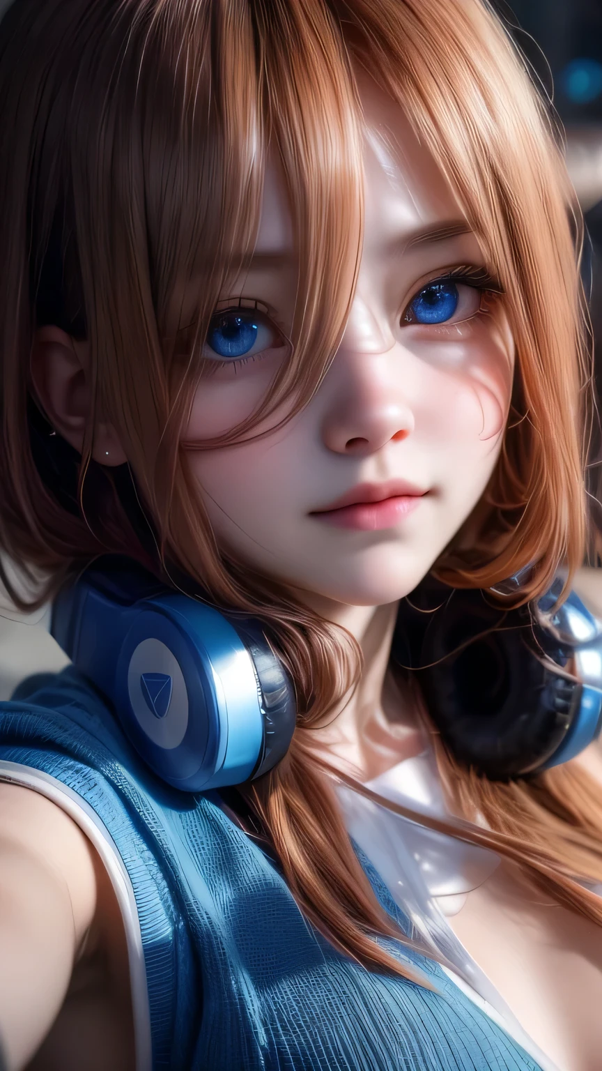 A hyper-realistic, high-resolution portrait of Nakano Miku, featuring her beautiful young features and delicate skin, shot with a RED Komodo 6K and a Zeiss Master Prime 50mm lens. Miku is captured in a dynamic, moving pose, looking at the viewer with her large blue eyes and cheeky expression. She wears headphones, a loose mid-cut t-shirt, and a micro miniskirt, emphasizing her glowing skin and perfect anatomy. The scene employs soft lighting and subtle shadows, inspired by Emmanuel Lubezki's work in The Revenant, to create an atmospheric, dramatic effect with rich textures and lifelike quality."