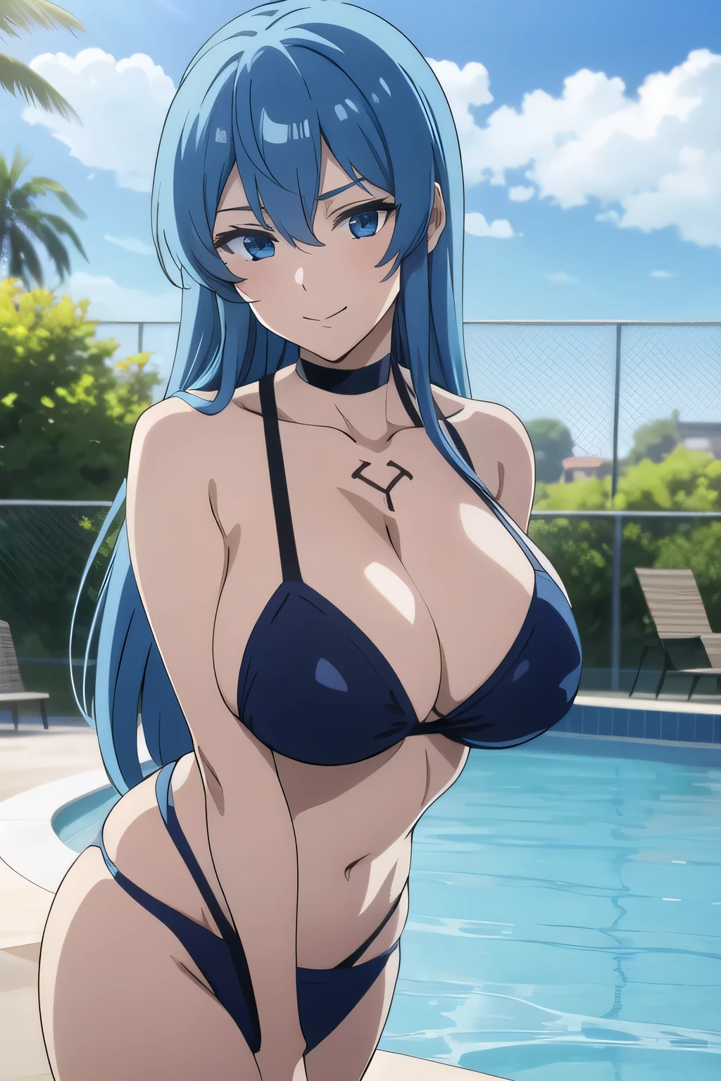 esdeath, 1girl, pool background, looking at viewer, shy smile, large breasts, choker, blue hair, upper body, swim suit