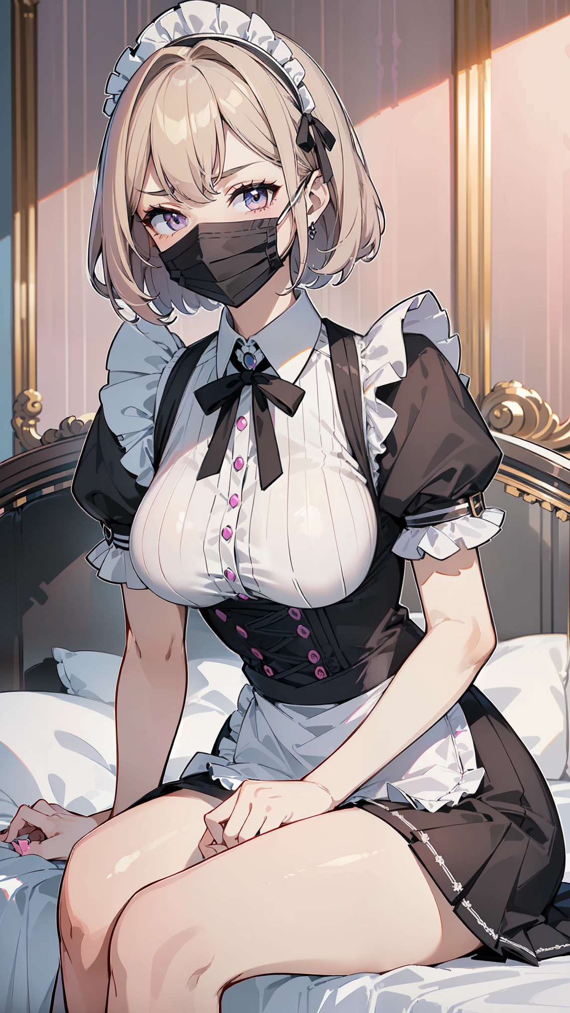 (masterpiece, best quality, ultra high quality, 1girl, solo), (((성숙한 28세 여성))), (fair skin with a hint of pink), ((Her height is 168 cm.)), (((small face))), (((She has good body proportions.))), (straight bob haircut), (((silver blonde hair))), ((no bangs)), (skyblue eyes), (mascara), (big breasts:1.6), (All Black Fashion), (wearing short victorian black mini skirt), (maid), (all black apron), (detailed hands), (The peaceful country mansion), (with exposed chest), (mask), (Beautiful leg line),  (Sitting on the edge of a pink-furnished bed in her bedroom, staring at her pink cell phone.)