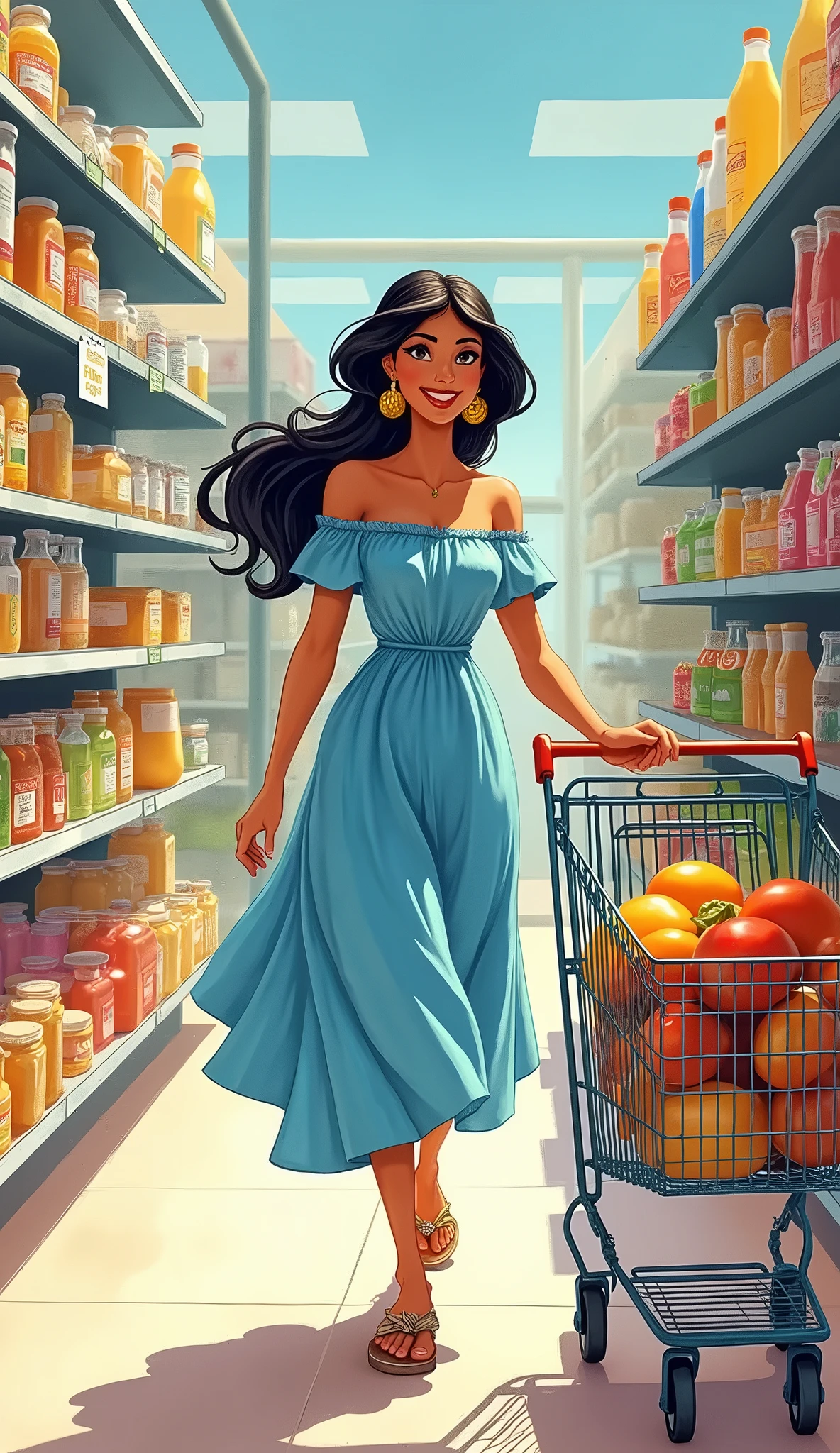 Jasmine from Aladdin enjoying shopping in a bright American supermarket. She's casually dressed in a summer blue dress and sandals, pushing a shopping cart with a relaxed smile. with her hair loosely tied back in a ponytail. The scene captures the colorful aisles filled with various products. The illustration has a soft watercolor texture and a nostalgic atmosphere. Full-body depiction.