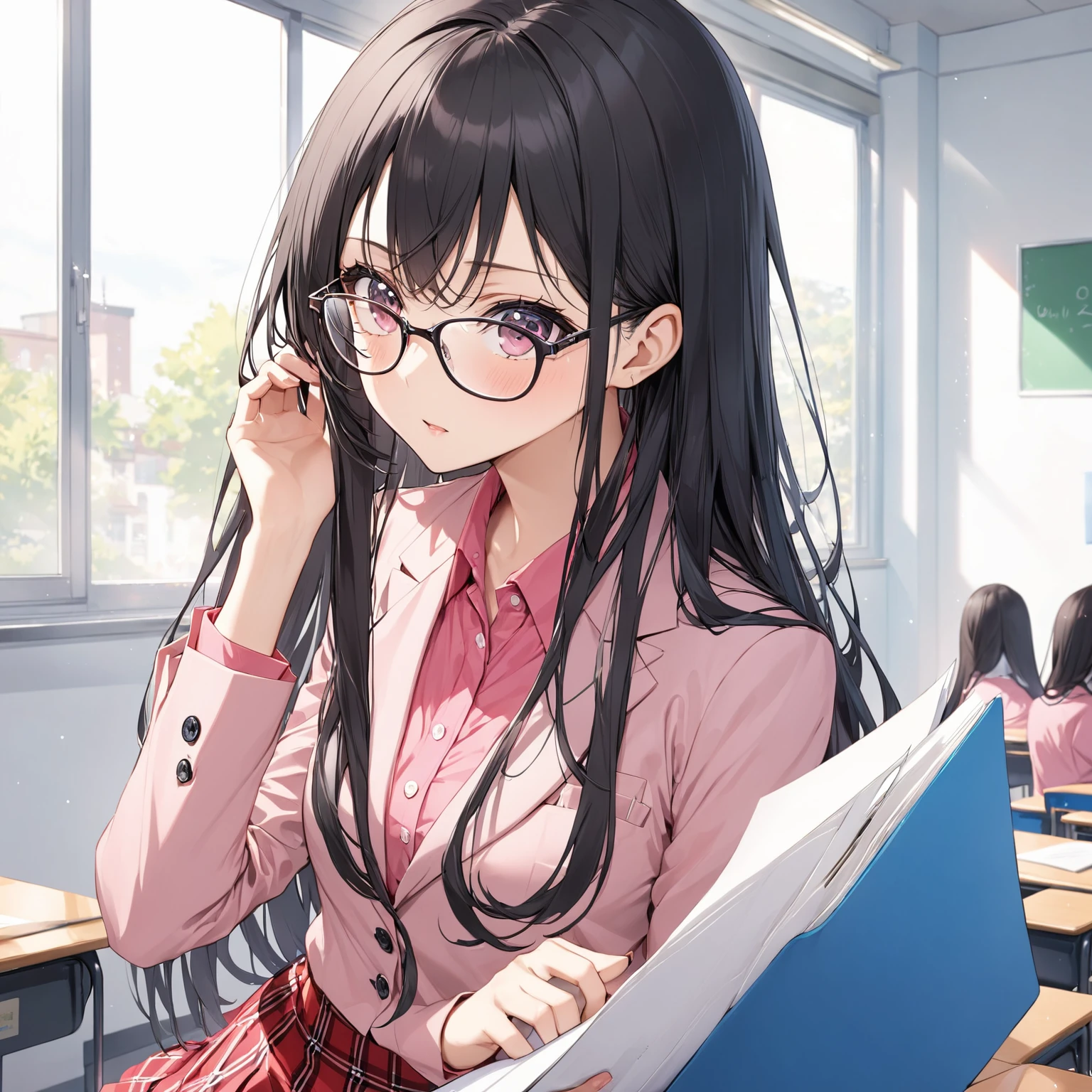  1 girl, Black Hair,Long Hair, Glasses,blazer, pink shirt, red check skirt,classroom
