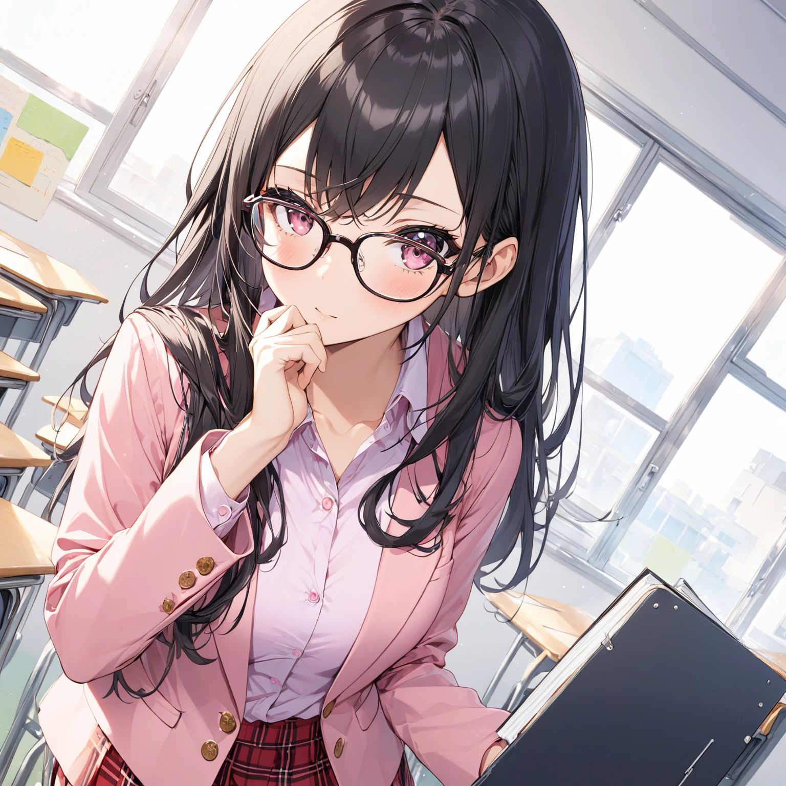  1 girl, Black Hair,Long Hair, Glasses,blazer, pink shirt, red check skirt,classroom
