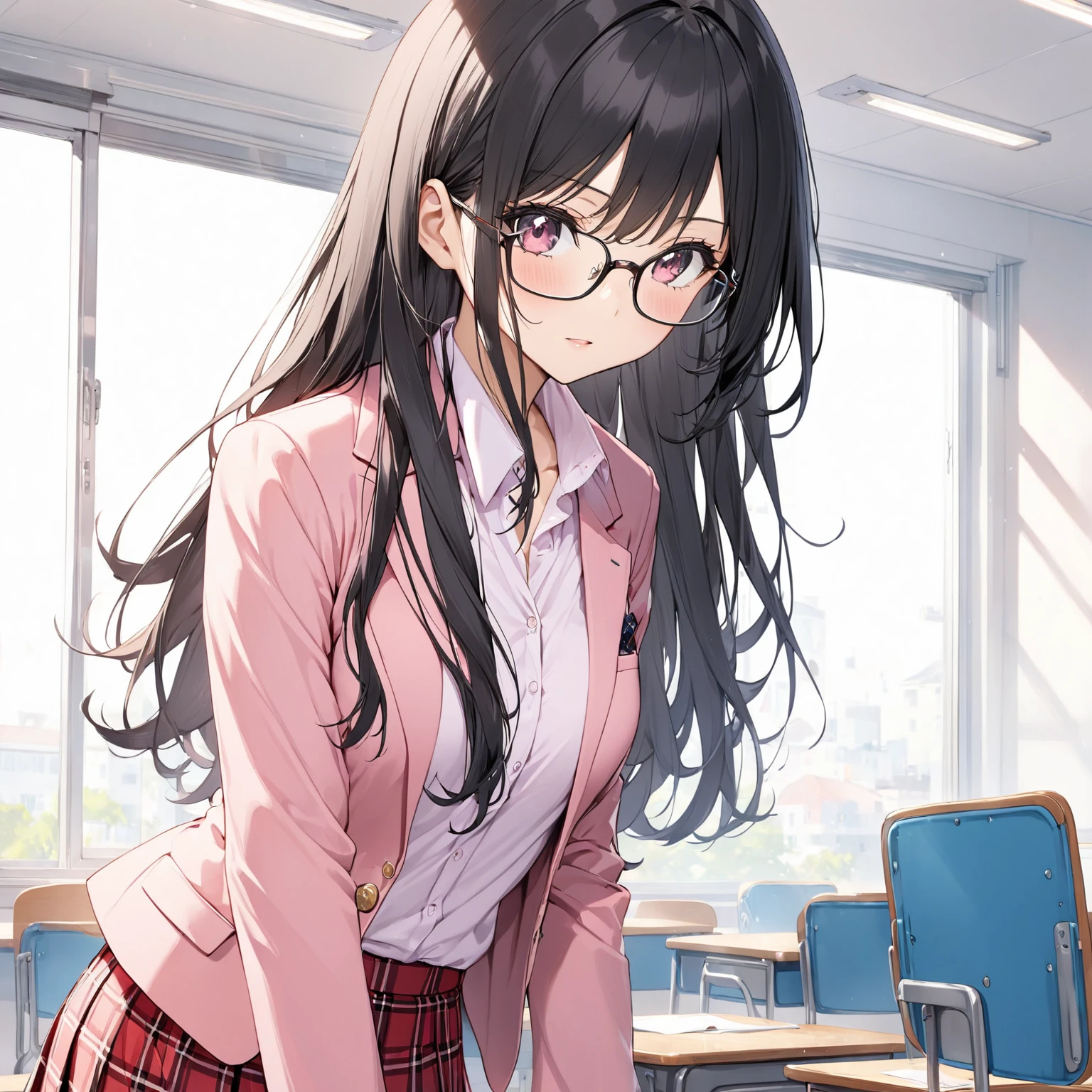  1 girl, Black Hair,Long Hair, Glasses,blazer, pink shirt, red check skirt,classroom
