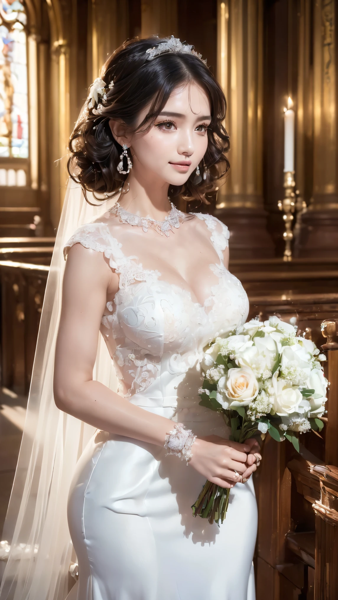 masterpiece:1.2, Highest quality), Realistic, (live-action, Intricate details, Depth of written boundary), (One girl, alone), compensate, Lips parted, Very detailed, Perfect Face, (Skin Dentition), Thick thighs, Wide Hips, Narrow waist, expensive, Glossy coral lips,, (Girl in wedding dress holding flowers in hand )), sexy, blush, Mikasa from AOT