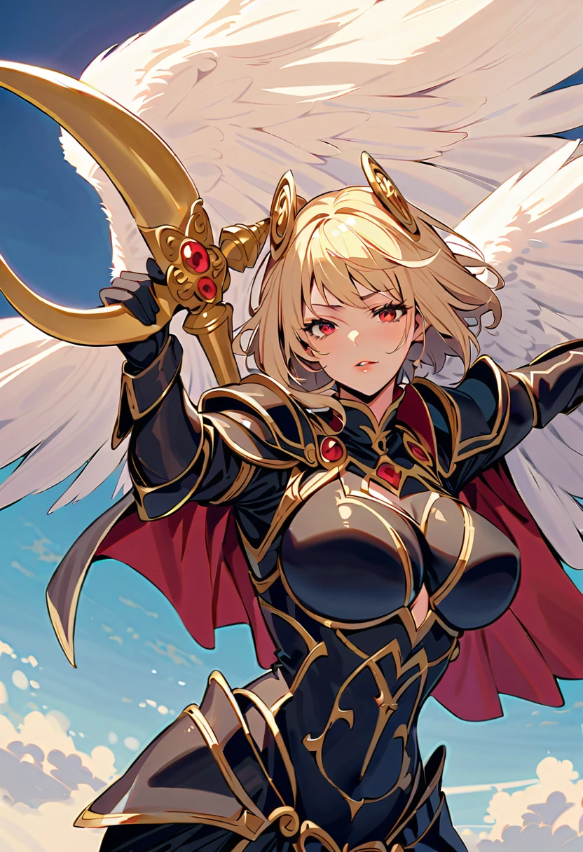  The best quality,  lonely mature woman , many curves, seductive, black armor, corona de flores, Gold jewelry, goddess, big white wings , short golden hair,  short hair, thin bangs, red eyes,  in her left hand she holds a long sword ,  in her right hand holds a battle axe, lleva una black armor completa, a human warrior , woman flying, background the sky, wings spread