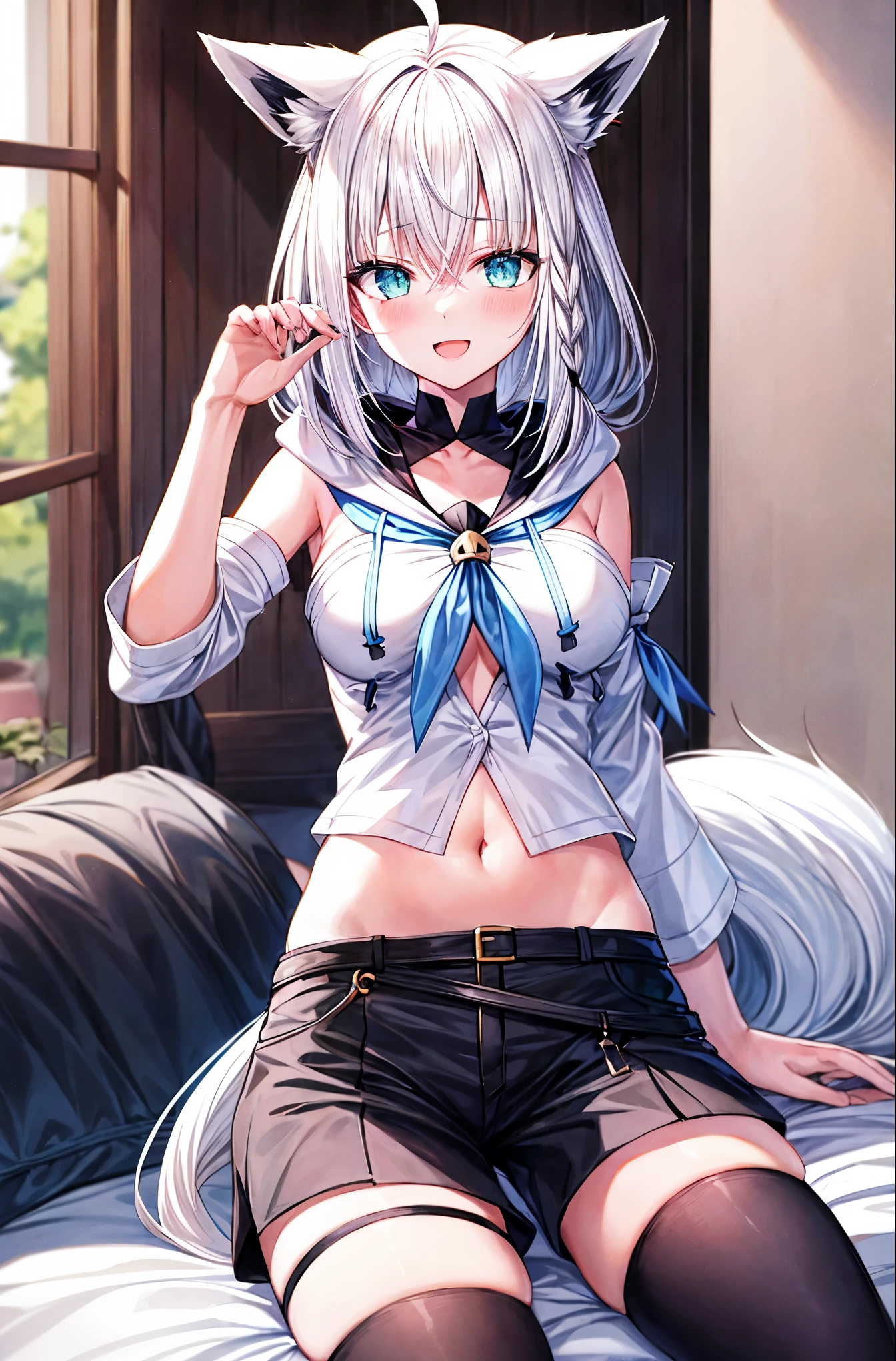 masterpiece, best quality, integrated scenery, integrated background, extremely delicate and beautiful, meticulous details, good composition, , cute face, perfect face, perfect hands, fingernails ,best quality,1yong_teen_girl,medium_breasts,shoulder,navel,best_quality, highres, aafbk, long hair, ahoge, animal ears, breasts, fox tail, blue neckerchief, white hoodie, detached sleeves, white sleeves, navel, short shorts, black shorts, thigh strap, single thighhigh, black thighhighs sitting,big_smile, half_eyes,open_mouth,XD,cowboy shot, indoors, living room, play_with_game_console_controller