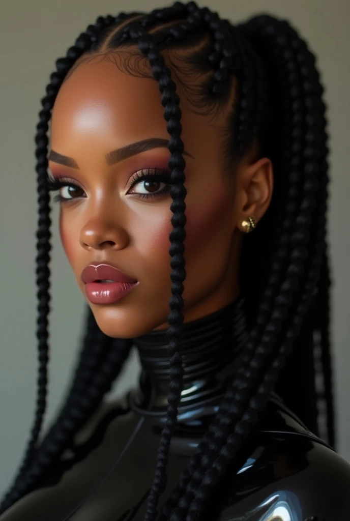mixed woman, young, black lipstick naked, african braids, dimples, thick belt around neck, shiny latex bodysuit, close-up, UHD, retina, masterpiece, accurate, anatomically correct, textured skin, super detail, high details, high quality, award winning, best quality, highres