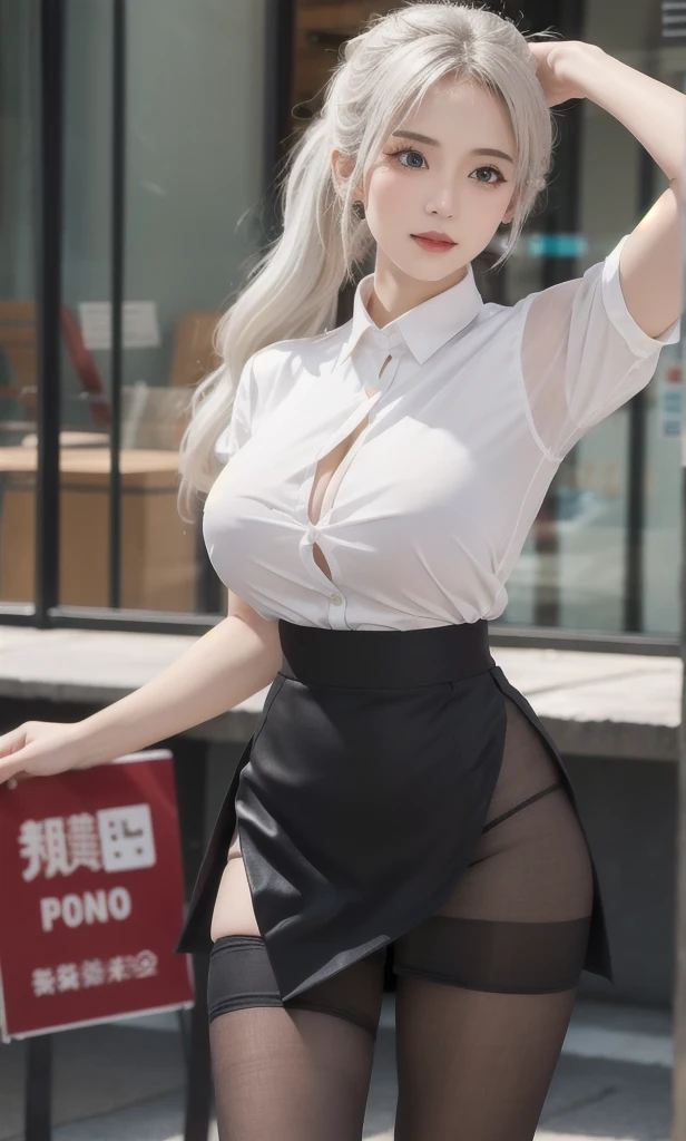 Sexy woman in white shirt and black skirt posing for a photo, tifa lockhart with white hair, 2b, 2 b, perfect white haired girl, Tragen eines strengen Business-Anzugs, Auf CGstation im Trend, seductive anime girl, photorealistic anime girl render, Ultra-realistisches Bild, japanese goddess, Elegante filmische Pose, Oppai Cyberpunk, a hyperrealistic schoolgirl