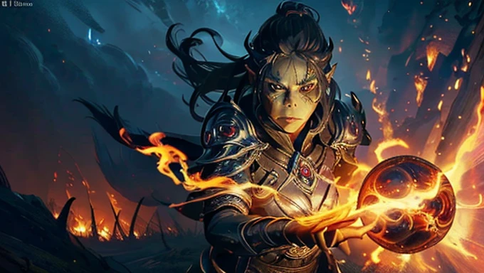 a female gith'yanki battle mage, full equipment, holding a portal to the 9 hells open, large portal to a burning lake, extremely detailed eyes and face, longeyelashes, intricate fantasy armor, detailed weapon, powerful arcane magic, otherworldly landscape, hellish flames, eerie lighting, dramatic pose, cinematic composition, stunning digital art, masterpiece, (best quality,4k,8k,highres,masterpiece:1.2),ultra-detailed,(realistic,photorealistic,photo-realistic:1.37)