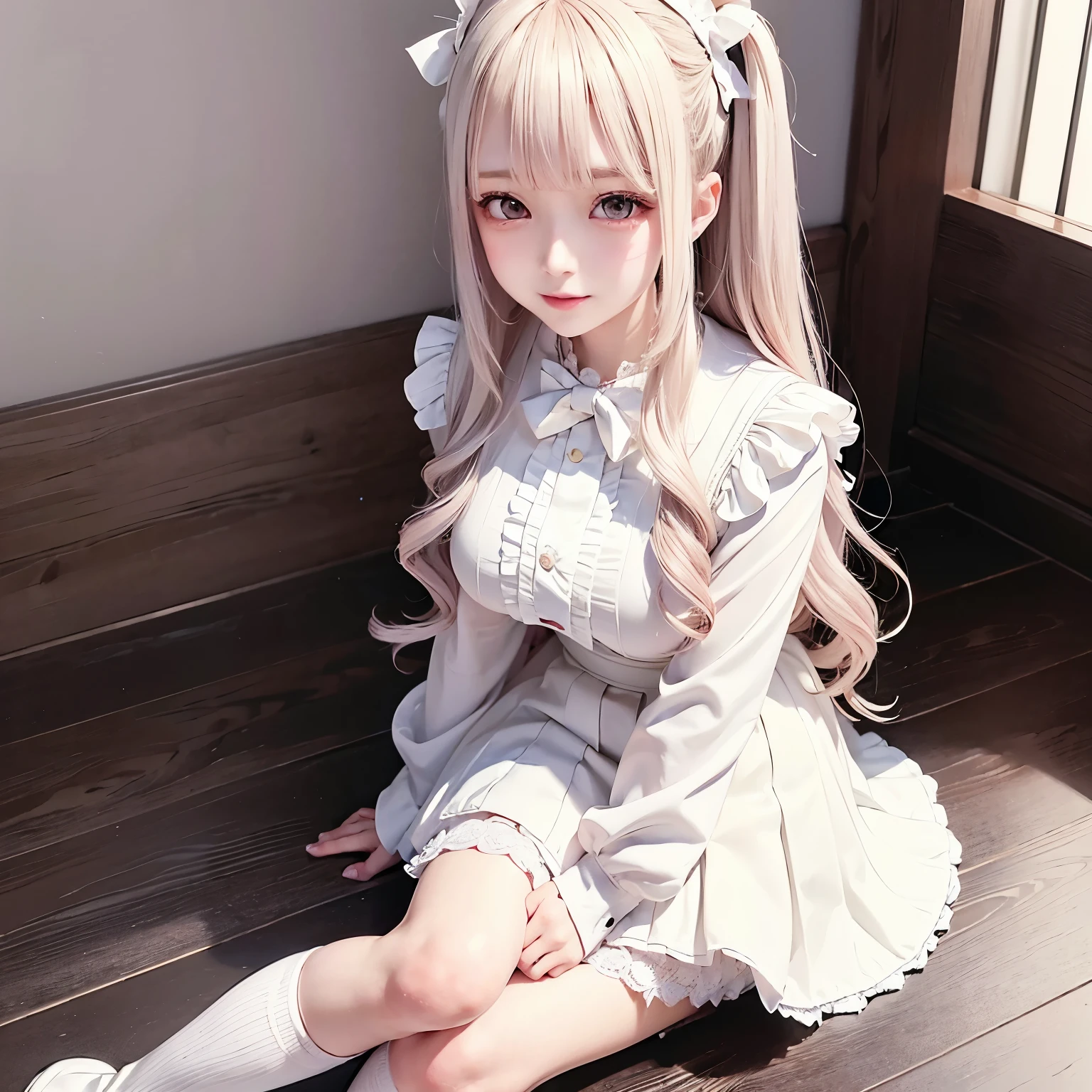 ((masterpiece)), ( best quality), ( Details), (かわいいIllustration:1.5), ( 1 girl) ,( Very Beautiful Woman with a Very Cute Smile),( Very Beautiful Symmetrical Face ),( Too Beautiful Adult Attractive Woman ),( Adding Strong Highlights to the Eyes ), ( hyperreal), (Illustration), ( high definition), (32K), (非常に Detailsな), (best Illustration), ( Beautifully Detailed Eyes ), (Official Art), {{masterpiece, best quality, extremely detailed CG , unity 8k Wallpaper , Movie Lighting}}, ( beautiful and aesthetic :1.2), ( perfect female body), (Soft body line), I can't measure 、 bed onside 、 in a picture of a Japanese girl wearing beautiful maid clothes wearing charming white high socks、 I'm wearing charming white high socks 、Beautiful Japanese Face、 white skin、Long Hair、(( in a picture of a Japanese girl in beautiful maid clothes wearing charming white high socks 、My bust is too big ))、Girl in maid outfit