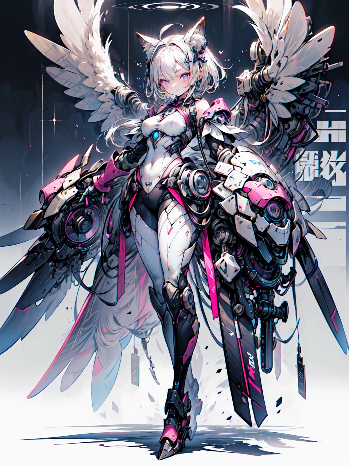 (((masterpiece, Best Quality,   Details, 16k))) ( one girl playing pranks)  a very powerful goddess with short hair ,  pointed platinum blonde hair and bright blue eyes . She is sophisticated, 、 (owl wings  、 She stands and holds a large long shield with a pointed cube in her left hand）、 electrically enhanced metal armor , Decorated with lightning. Her whole body is pulsating with powerful energy.., Wields a spear of pure lightning. ((Full-body view from the front)), (非常に  Details:1.5)、Blake、（Dark Elf),  perfect face, Get used to it, Ahoge, ((Long Hair:1.2)), [[Bedhead]],  shiny blond gray hair ,  purple eyes, Spotted Eyes,  colorful hair, Sparkling Eyes, (eyelash,  eyeshadow, pink  eyeshadow), bright, smile, Design Art：Haruhiko Mikimoto, Kawasaki, by Yoshitaka Amano, Dark Skin Tone
