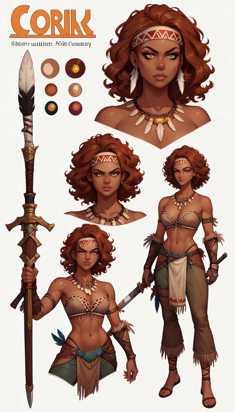 Solo, dark skinned girl, short wavy hair, auburn hair, golden eyes, Feathered Tribal Headband, Feather Leather Vestments, Tribal Makeup, Pocketed Cloth Pants, Jeweled golden necklaces, Jeweled gauntlets, Wielding an Amethyst Sword, White Background, Character Design Sheet