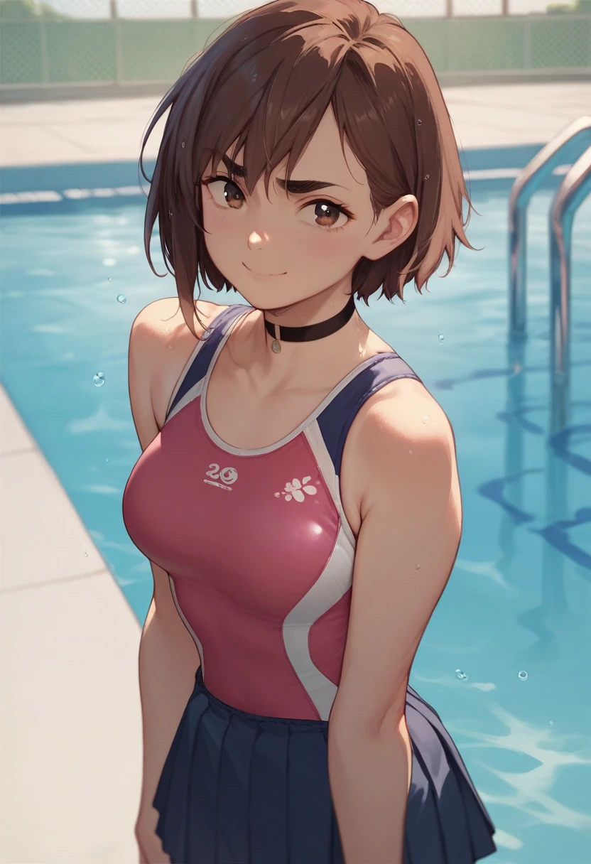 momo ayase, 1girl, pleated skirt, pool background, looking at viewer, shy smile, choker, short hair, brown hair, brown eyes, bangs, thick eyebrows, medium breasts, swim suit, upper body
