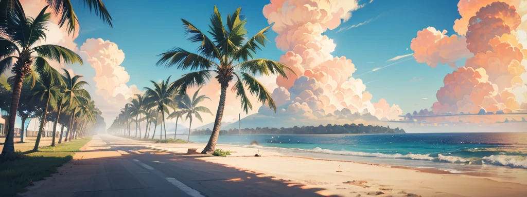 beat em up game scenario, the king of fighters style, based on a real location in Brazil called Boa Viagem beach, daytime scenario strong sun, clouds in the sky, without any people on the street, (high quality,4k,8k,highres:1.2) 2D pixel art graphics, day scenery,vibrant