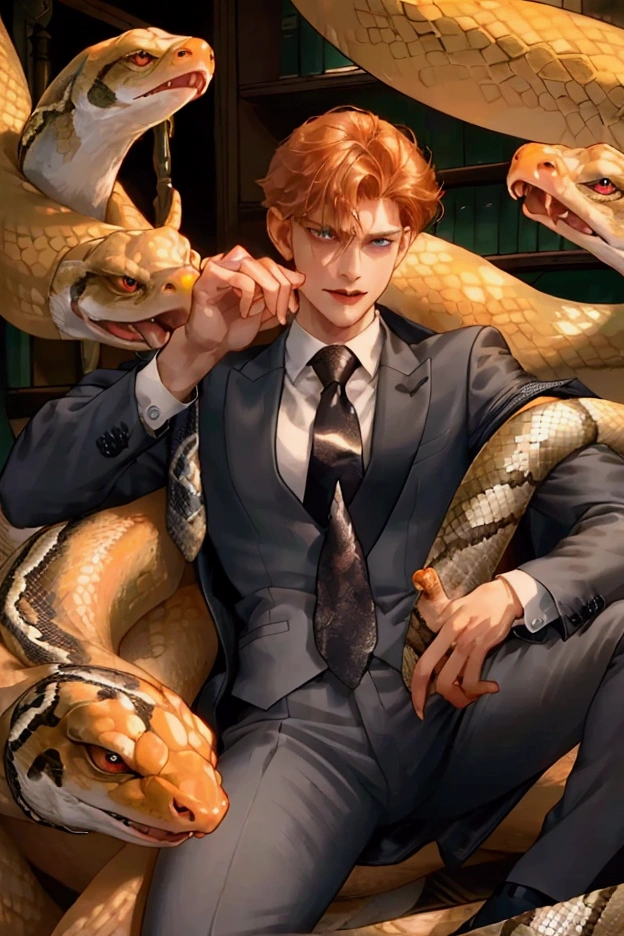 Best quality, Full Body, Sexy Angle, Wild, (1 Adult Male), He Is Lying on the Snakes, Sex, Solo, Ginger Hair, Gay, Sexy, ((He loosens his tie)), ((masturbation)), ((Loose Wear Complex Design for Suit)), (Dramatic Story), (((Masterpiece))), ((Ultra Detailed Face & Eyes & Fingers with Hairs & Clothing)), Gothic, Smile, Slim & Balanced Body, in library, Gently Shaded in Oil Painting, Snake licking crotch, licking with tongue, sweat oozing from crotch, clothing transparent with sweat, excited expression, Shirt buttons open, jacket slipping down to the shoulders, pants unzipped,