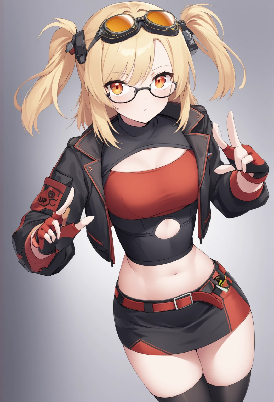  score_9_up,  score_8_up,  score_7_up, sauce_Anime, masterpiece, Best Quality,  1 girl, Alone, Bernice_, looking at you,  blond hair, two side up,  orange eyes with glasses on head , sunglasses, goggles,  SHORT TWIN TAIL,  hair ornament ,  crop top,  tube top,  Black Jacket ,  black　 thigh high socks,  Cropped Jacket ,  blackシャツ,  clevage cutout,  long sleeve , belt,  blackスカート ,  Red Wristbands , Red Knee Brace , Fingerless gloves,  miniskirt, abdomen,  turtleneck,  mature body,  dynamic cowboy shot,