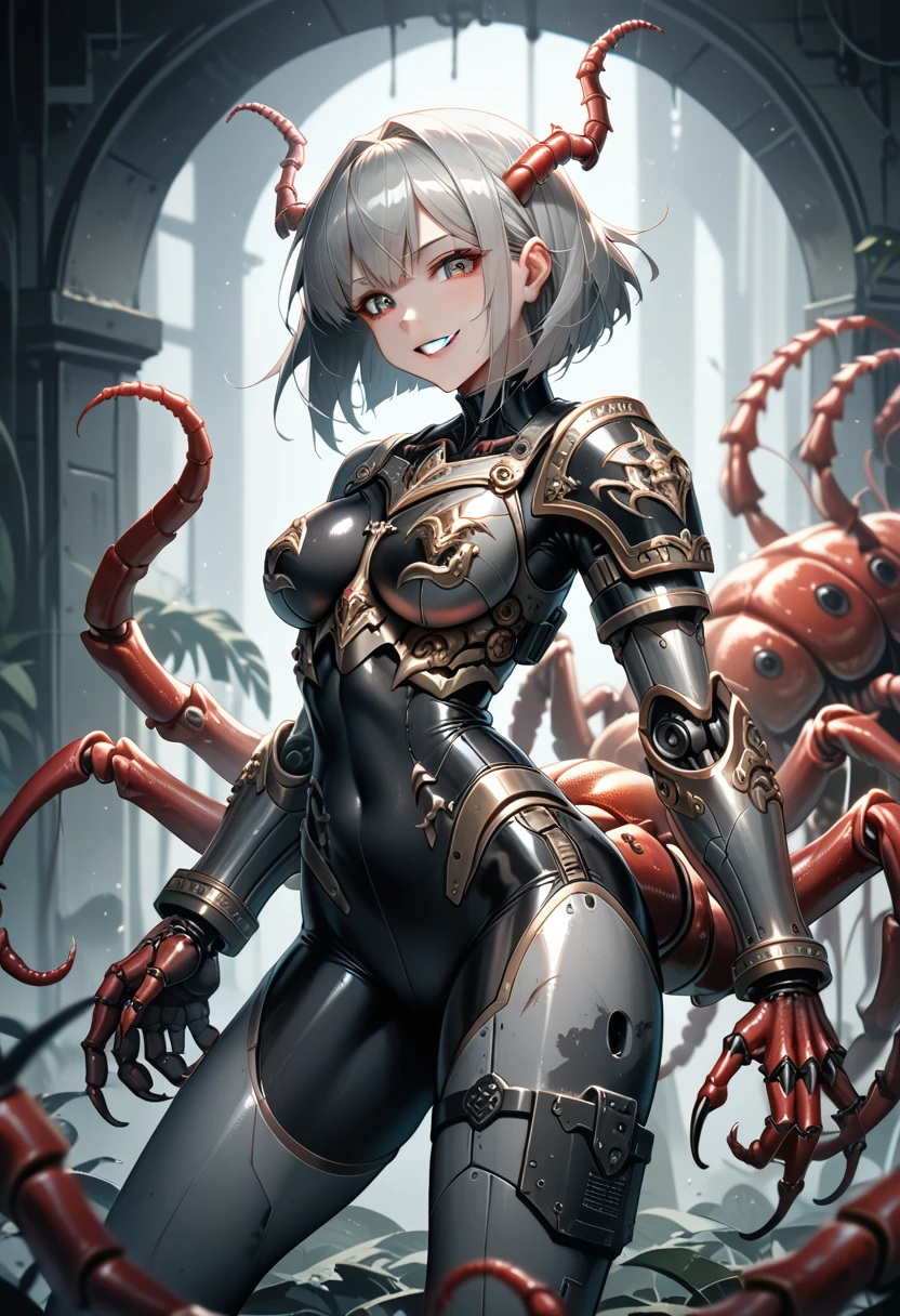 (Girl fused with a centipede). Succubus style. Insect paws. It is based on the motif of a centipede. Metallic. Light armor. Battleship-style armor. Turret. Gray hair. Medium hair. High legs. Body tights. Sharp claws. Large tail. Centipede tail. Black Paint Hands. Evil Smile.