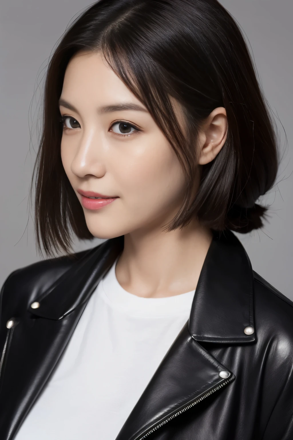 Create one (( Medium shot )) Realistic image of a beautiful Asian woman , smooth, perfect skin. she has large, Round, sparkling eyes ,Naturally long, curly lashes, and well-defined , Thick eyebrows. she的鼻子又直又高, 和she自然的粉红色, Soft lips showing a gentle smile . she has short, 略微卷曲的棕色头发突出she精致的面部特征. she的脸是椭Round, forehead , cheekbone moderate , and a sharp , slim chin. she ((Black cloth )),(( Wearing biker jackets and biker suits , Deep neckline , badge)), ((Wear jeans))