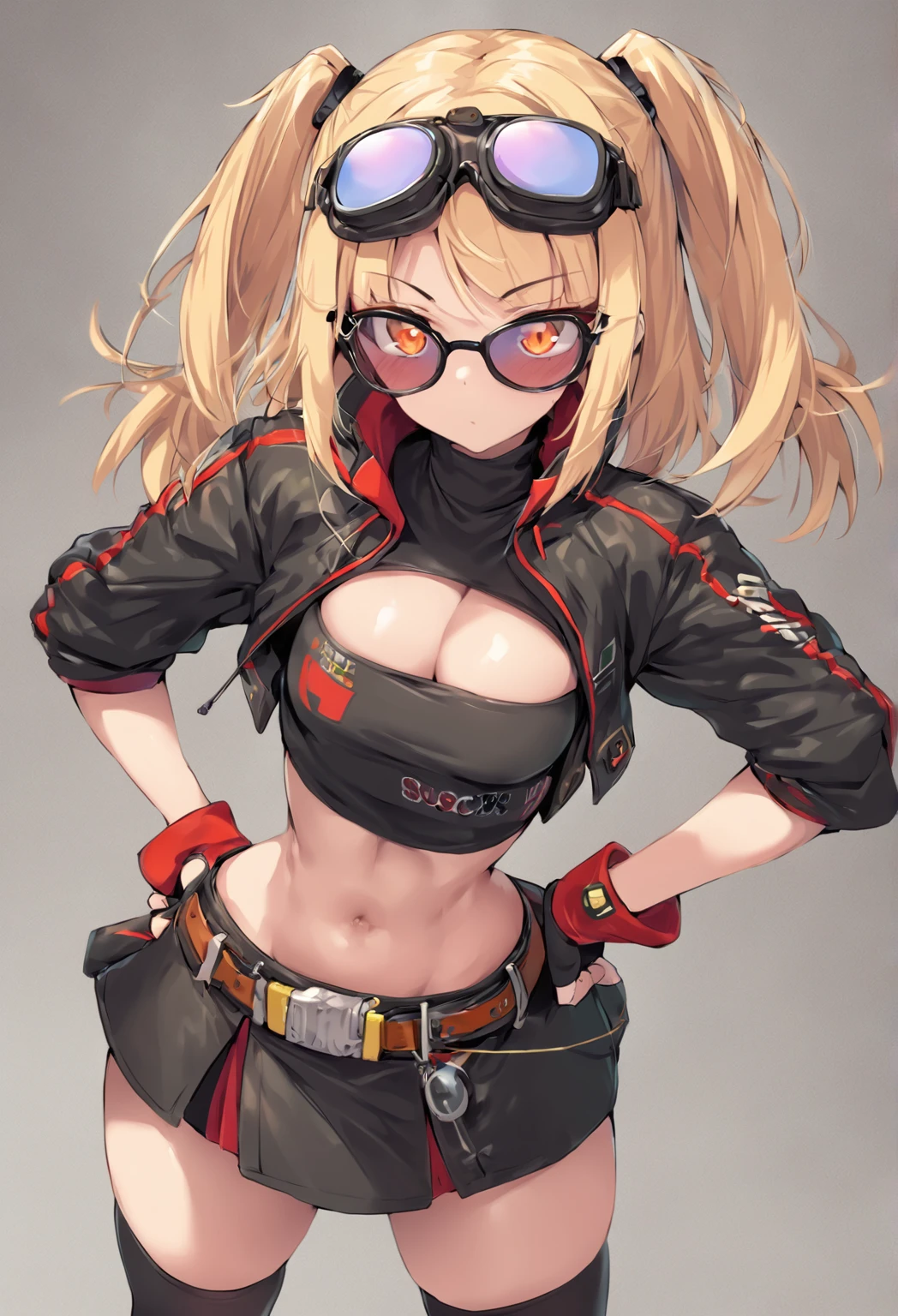  score_9_up,  score_8_up,  score_7_up, sauce_Anime, masterpiece, Best Quality,  1 girl, Alone, Bernice_, looking at you, upper body,  face focus ,   hand on hip,  blond hair, two side up,  orange eyes with glasses on head , sunglasses, goggles,  SHORT TWIN TAIL,  hair ornament ,  crop top,  tube top,  Black Jacket ,  black　 thigh high socks,  Cropped Jacket ,  blackシャツ,  clevage cutout,  long sleeve , belt,   blackスカート ,  Red Wristbands , Red Knee Brace , Fingerless gloves,   miniskirt, abdomen,  turtleneck,  mature body,  dynamic cowboy shot,