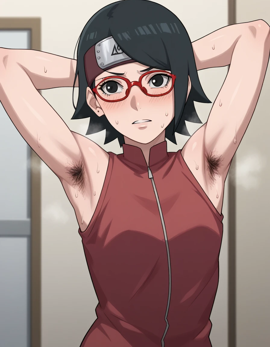 sarada uchiha, short hair, black hair, black eyes, red-framed eyewear, glasses, swept bangs,,(Armpit，Armpit hair，Armpit sweat，脇の皺:1.3),room， bedroom，(steam，steamimg:1.1)， red dress