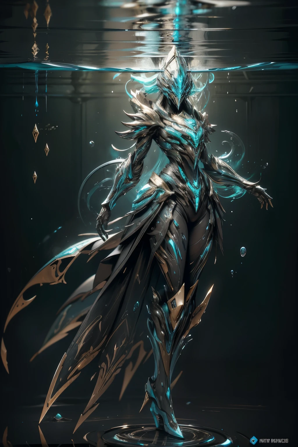 futuristic, warframe, character design, water-inspired, fluid, sleek, metallic, aquamarine color scheme, rippling textures, biomechanical elements, glowing accents, intricate details, dynamic pose, underwater environment, bubbles, reflections, high-tech, cybernetic, agile, powerful, energy effects, Hydrodynamic , ethereal, otherworldly, advanced technology、Blue, black and gold、 imaged an alchemist、 magical effects 、