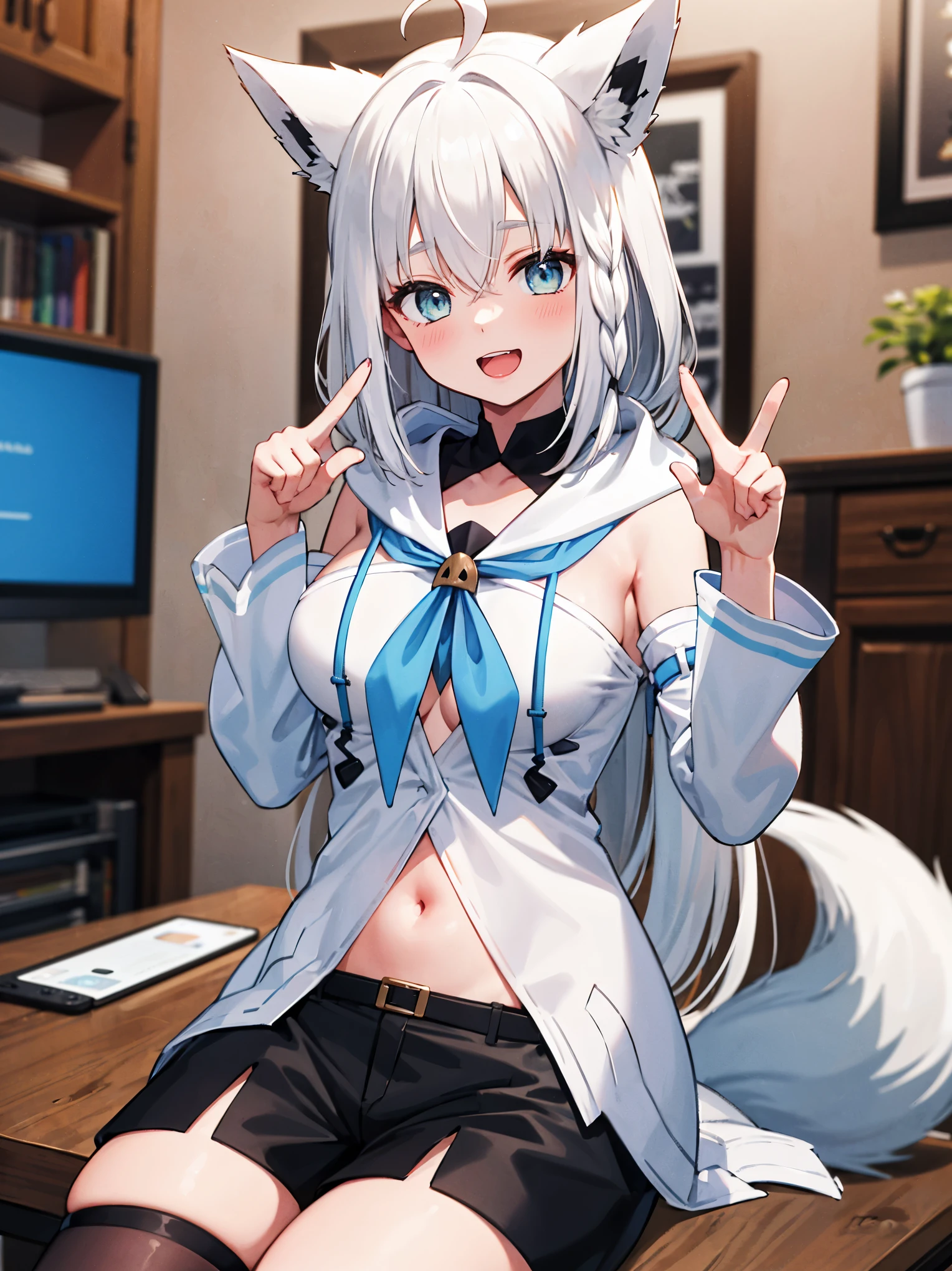 fubuki1,aafbk, long hair, ahoge, animal ears, breasts, fox tail,  navel,  Best masterpiece, anime coloring, ultra-detail, 8K, ((Sitting on the open corridor)), buzzer, morning, sun, White off-shoulder jeans with shorts, from below, looking down, smile、Gray Hair