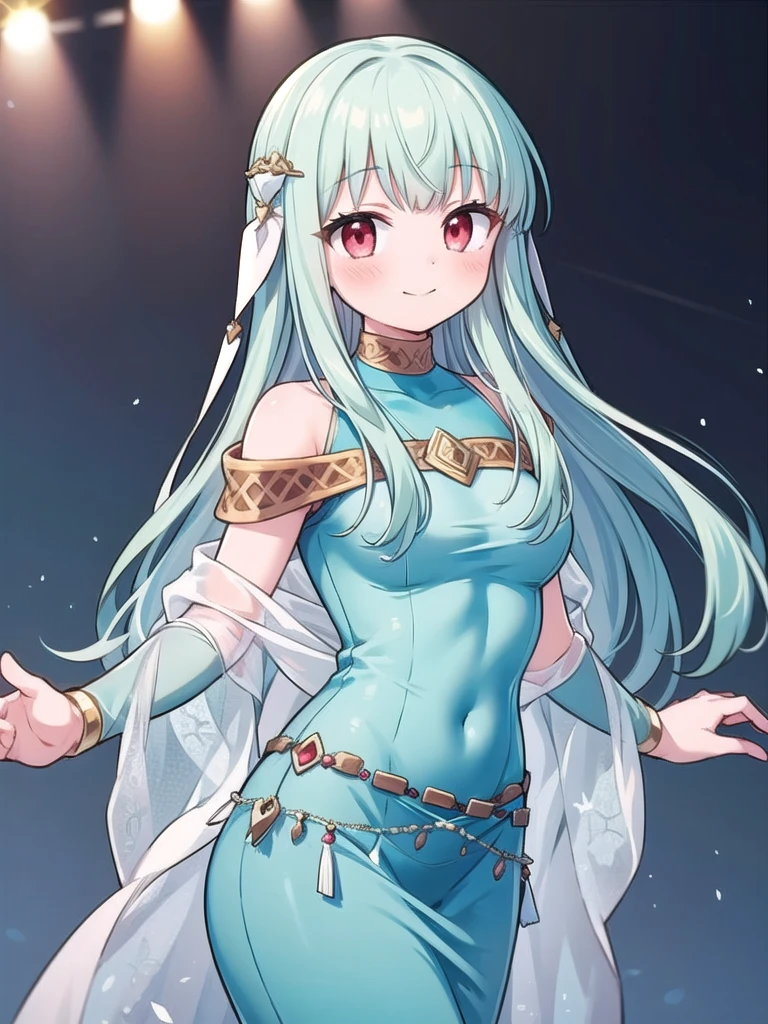 1girl, solo, masterpiece, best quality, perfect hands, smile, blush, closed mouth, cowboy shot, red eyes, ninian fe, long dress, jewelry, dancer, very long hair, cyan hair, hair ornament, white ribbon, bare shoulders, off shoulder