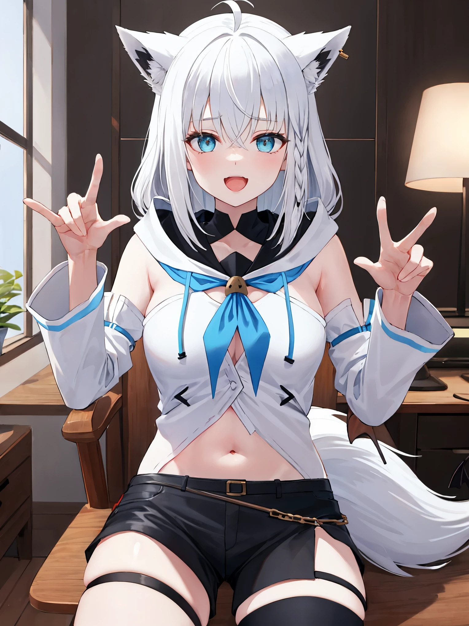 NSFW,Hololive,Shirakami Fubuki,Gray Hair,Fox ears,White blouse、(abdomen:1.2)、Removable sleeves、Black shorts、Blue neckerchief、Thigh straps、Single Thigh High、Gray Hair、One side braid,Open clothes,(Perfect hands),(Perfect Anatomy),(masterpiece),(highest quality),Embarrassed,blush,(orgasm:1.5),(Ecstasy face:1.8),(Sweat:1.5),Open your mouth、Sticking out tongue,(Leg spread:1.5),Lift your butt,Trembling,(Delighted:1.5),(One man:1.5),(Deep Kiss:1.5),Love Hotel,Luxury Room,(Naughty posture:1.5),(peace sign:1.5)