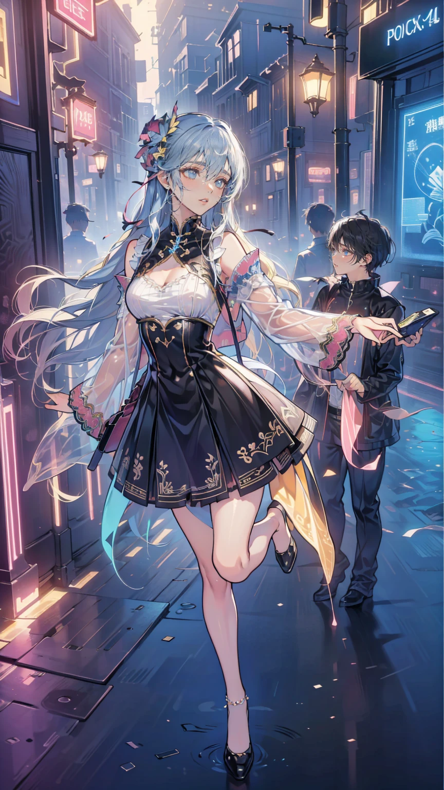 (Best Quality, 4K, 8k high resolution, masterpiece:1.2),  absurd, High definition illustration,   professional photos ,   very delicate and beautiful , 

 Virtual Idol ,  anime style ,  giant hologram projection on the street , people々 idol appearing on a smartphone, and,  set in a cityscape ,  futuristic technology ,  bright colors,  high detail,  Dynamic Angle,  dynamic pose , urban environment, Augmented Reality,  holographic display , 見物peopleの群集,  interactive performance , Night view,  Neon Light,  cinematic composition,  detailed texture ,  high quality rendering ,