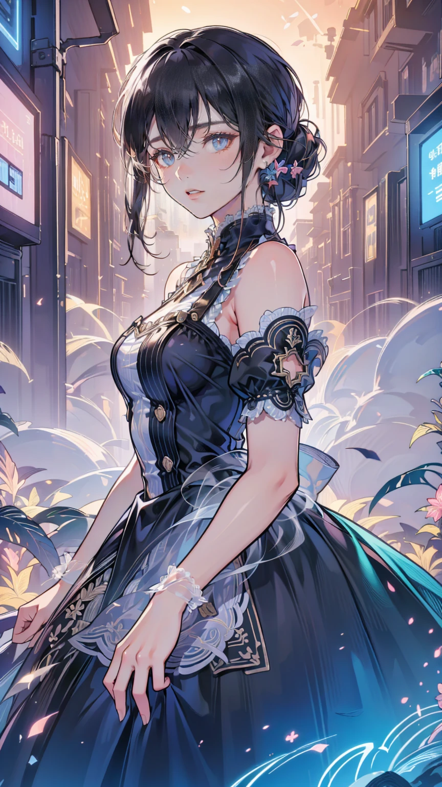 (Best Quality, 4K, 8k high resolution, masterpiece:1.2),  absurd, High definition illustration,   professional photos ,   very delicate and beautiful , 

 Virtual Idol ,  anime style ,  giant hologram projection on the street , people々 idol appearing on a smartphone, and,  set in a cityscape ,  futuristic technology ,  bright colors,  high detail,  Dynamic Angle,  dynamic pose , urban environment, Augmented Reality,  holographic display , 見物peopleの群集,  interactive performance , Night view,  Neon Light,  cinematic composition,  detailed texture ,  high quality rendering ,