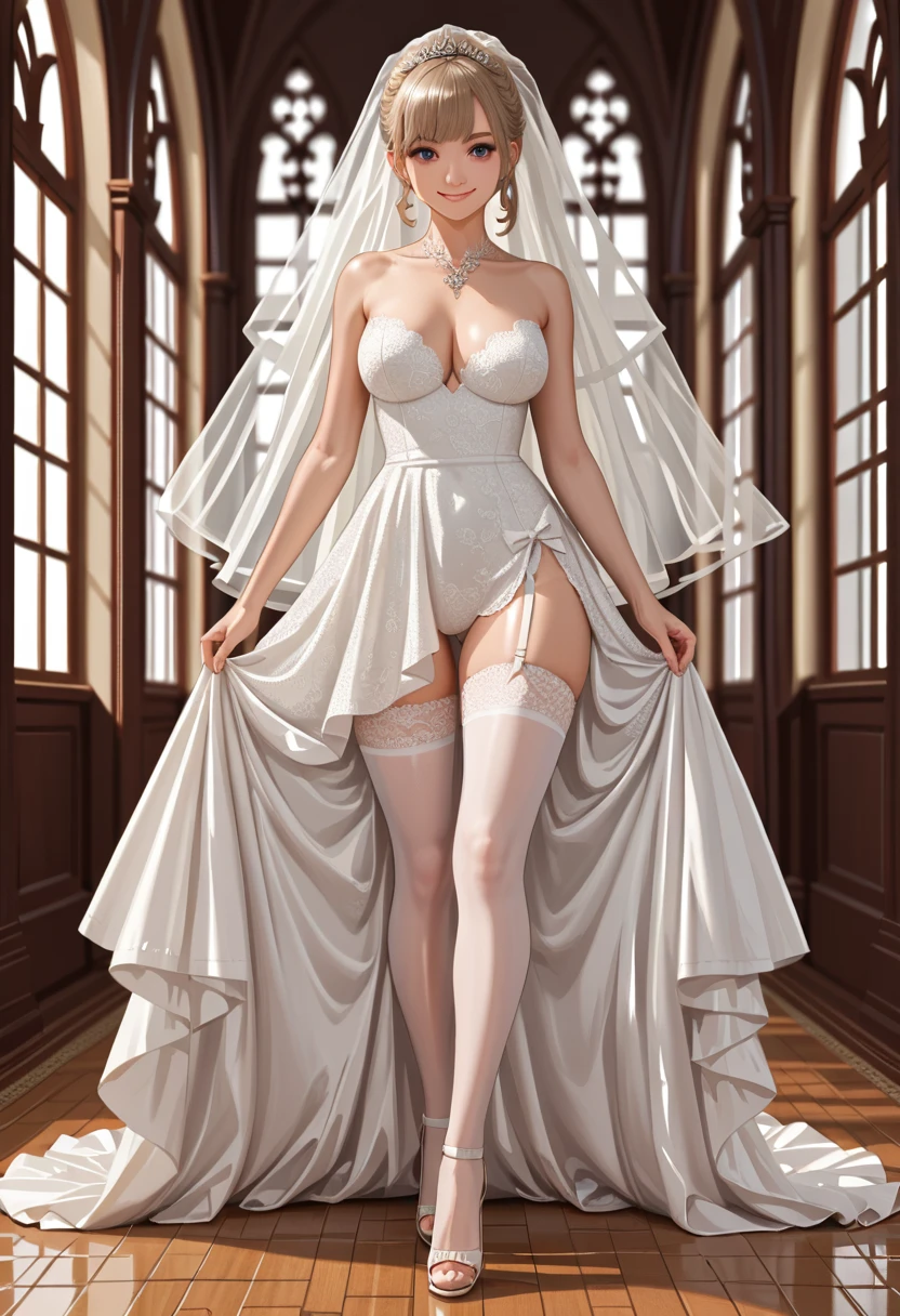 Beautiful blonde woman in a radiant dress that is similar to a wedding dress that exposes her nipples, wearing an ornate but light crown, long legs, shorter torso, about 5 foot 3 inches tall, a dressing a crowd 