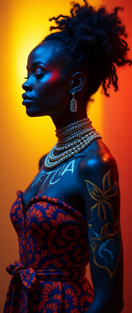 4D portrait of a full body image of a black woman dressed in African designer clothing with glowing red and blue tattoos in neon light, with tattoos lighting up the scene, a yellow mist atmosphere on the scene, Low light scene with only the tattoos shining in the scene., At the bottom of the city, oil painting, 3/4 Profile view, Beautiful African design pearl necklace., luxurious fabrics, Detailed embroidery, changing chiaroscuro lighting, High resolution