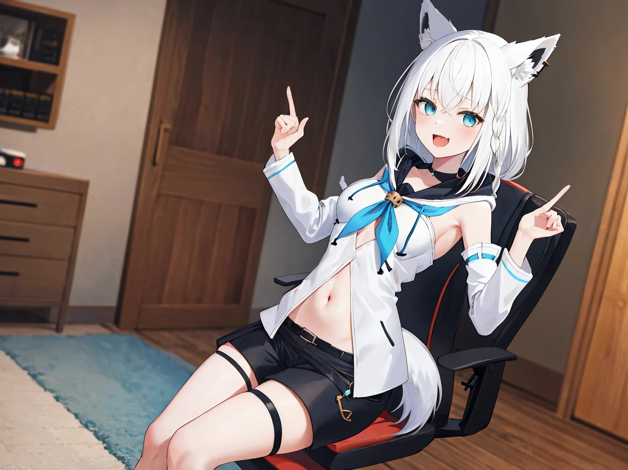 (topless), nsfw, masterpiece, magazine cover, 1 girl, erect nipples, nipples, high angle, intricately detailed, navel, necklace, holding smartphone, beautiful face, denim shorts, smiling, extremely detailed, photorealistic, octane render, 8 k, unreal engine. horse ears, horse tail, bare breasts, bare stomach, sweaty, detailed, cowboy shot, small breasts, large nipples, puffy nipples, black belt, leg strap, hair ribbon, texts, sitting, crossed legs, red couch, nude, shirtless, bare arms