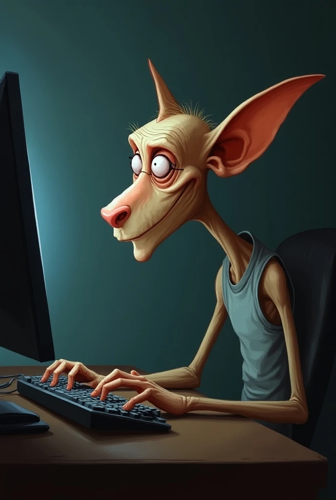 Thin, big-eared person using computer