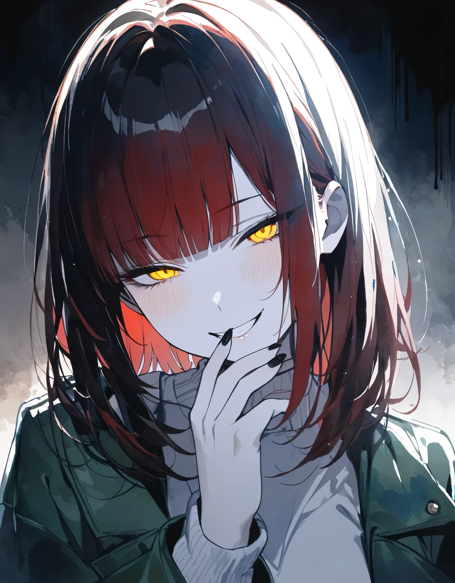 q female, (red hair),white inner hair, medium hair, hime cut, straight hair, yellow eyes, half closed eyes,grin,albino, white skin,focus face, from front, looking viewer,white sweater,green coat,(long nail polish),(black nail polish),(put your hand to your mouth),((watercolor)), simple background,dark tone, masterpiece,best quality,ultra detailed,cool blue and teal tones,dim lighting, dark and moody atmosphere, soft and rough brushstrokes, high contrast, slightly desaturated colors, dreamy and melancholic mood, watercolor-like textures