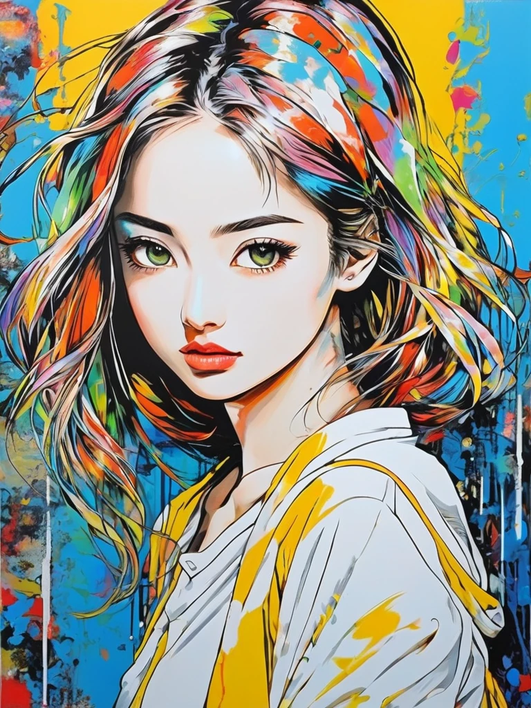 (Mixed media art of manga and pure art), one beautiful girl, upper body, acrylic painting, pop art:1.32, no lines, masterpiece, top quality