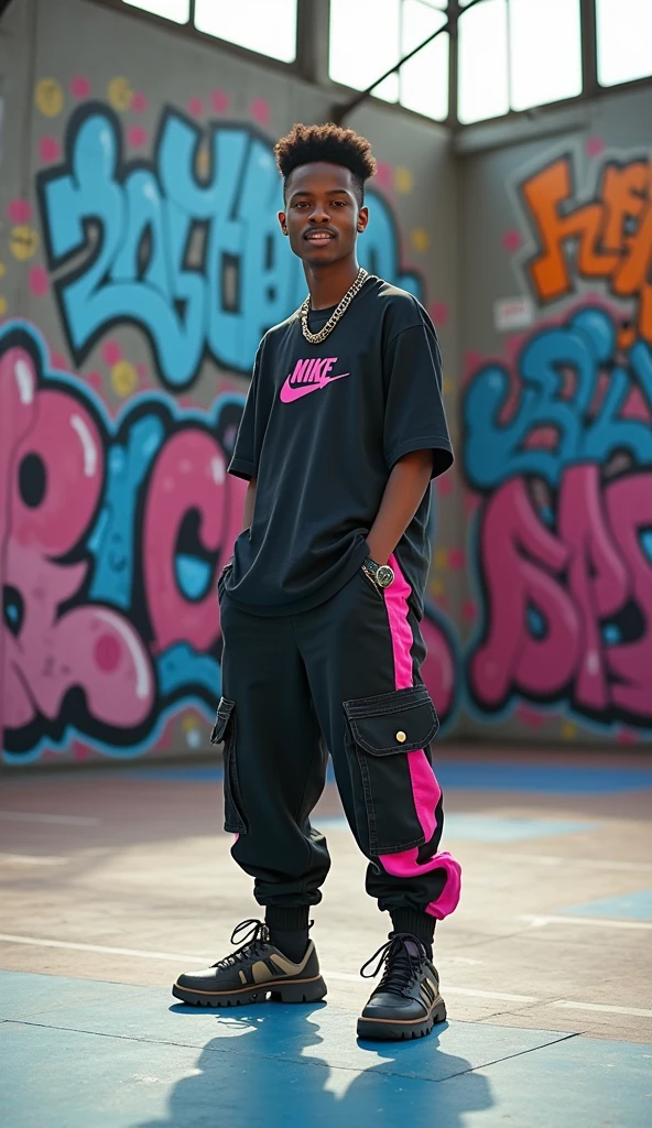 "Por favor, create an image of a person with a visual style, inspired by the b-boys and b-girls of the 80s in New York. A person must wear colorful clothes full of details, with an urban and cool style characteristic of the time. The person's pose must convey energy and movement, like you're breakdancing. The setting of the image should reflect the urban setting of New York City in the 1980s, with graffiti and specific buildings in the background. be as high as possible, highlighting the details and retro style of the 80s."