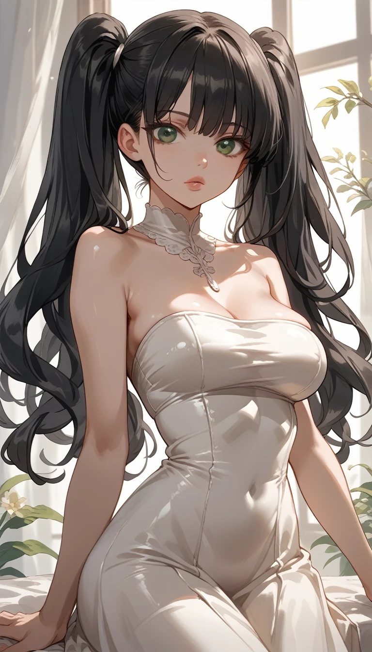 A young girl wearing a small strapless latex dress, big breasts, slim body, long straight black hair, Green eyes, strands of hair over the face, Detailed lips, Pigtails hairstyle, Dress in white color 