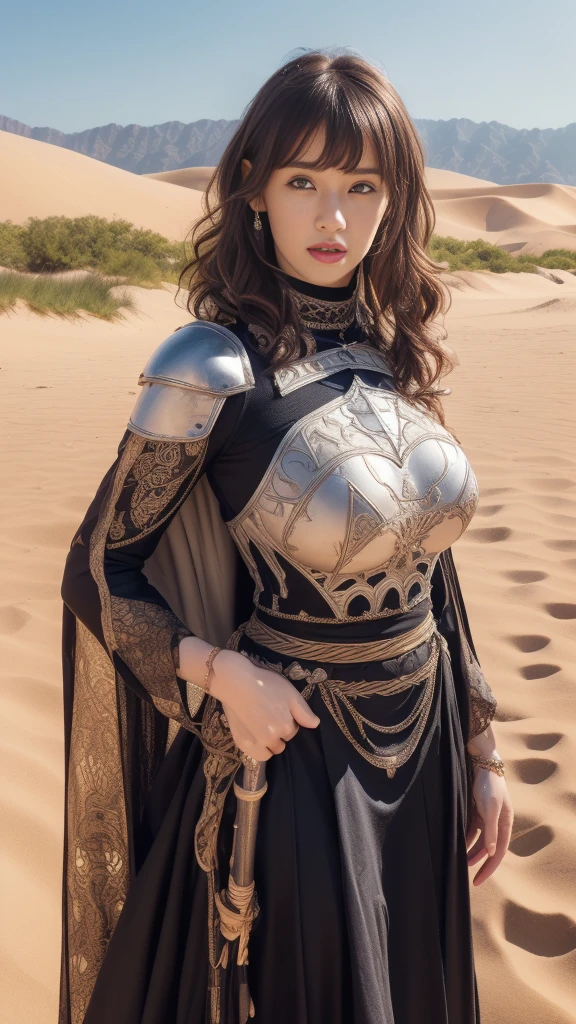  high definition，(( high quality))、((16Ｋ))、 very beautiful woman 、Voluptuous women、 tight waist、( detailed face)、Realistic Skin、(((Big Breasts)))、((Holy Knight)),((( Extremely Finely Finely Decorated White and Black Armor:1.1))))、((Delicate photo))，(Girl Astepeace RAW Photo Details:1.25), (最 high quality:1.6), (超 high definition:1.5), (Realistic:1.75), (((16K resolution))),  Canon EOS R5 , 50mm,  absurd,  very detailed on playground equipment, Movie Lighting,((battlefieldfield))、((battlefield))、(((Black Costume)))、 knee-high boots、 garter belt 、Shin guards、((Black Hair))、((Curly Hair))、((Drill Hair))、((Short wavy hair with bangs,))、Get a six pack、Cape、Beautiful Armor、((( has huge weapons)))、(During combat)、 hair fluttering like the wind、((Symmetrical Armor))、((((Sand Dunes))))、(((The background is the desert)))、banner、Armor with a hijab motif 、(((Battle Scenes)))、((nsfw:1.2))、((( long skirt ))), REAL PICTURES、 dynamic pose 、(((Delicate Patterned Breastplate )))