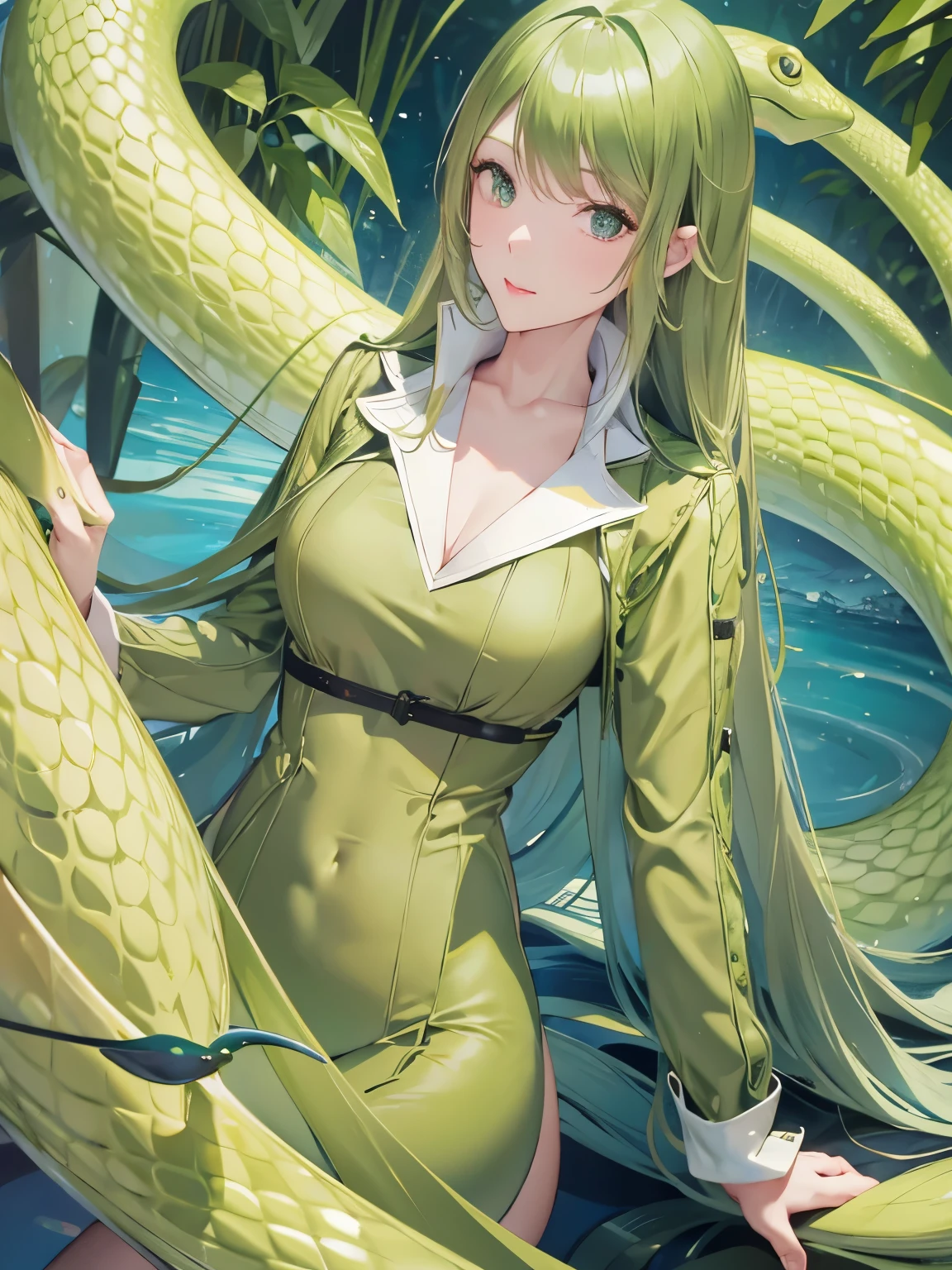 Snake girl,lamia,snake body,Based on Miia from Everyday Life with Monster Girls、A seductive version of Echidna from Queen&#39;s Blade。
Detailed explanation:
Beautiful upper body of a human female、The lower half of the body is that of a snake covered in scales.。Her hair is long and greenish-golden.、The pupils are vertically narrow like a snake.。The body has a thin scale pattern.、Skin is pale green。breasts are large、Covered with a thin cloth。From the waist down it has a long snake&#39;s tail.、It is covered in scales of a gradation of green and gold.。
Although her personality is seductive、Surprisingly intelligent。He&#39;s good at misleading intruders.、Its hypnotic powers are extremely powerful。(Highest quality,4K,8k,High resolution,masterpiece:1.2),Super detailed,(Actual,Realistically,Realistically:1.37),Ultra HD Face, (((Lower body of the snake))), Large Breasts