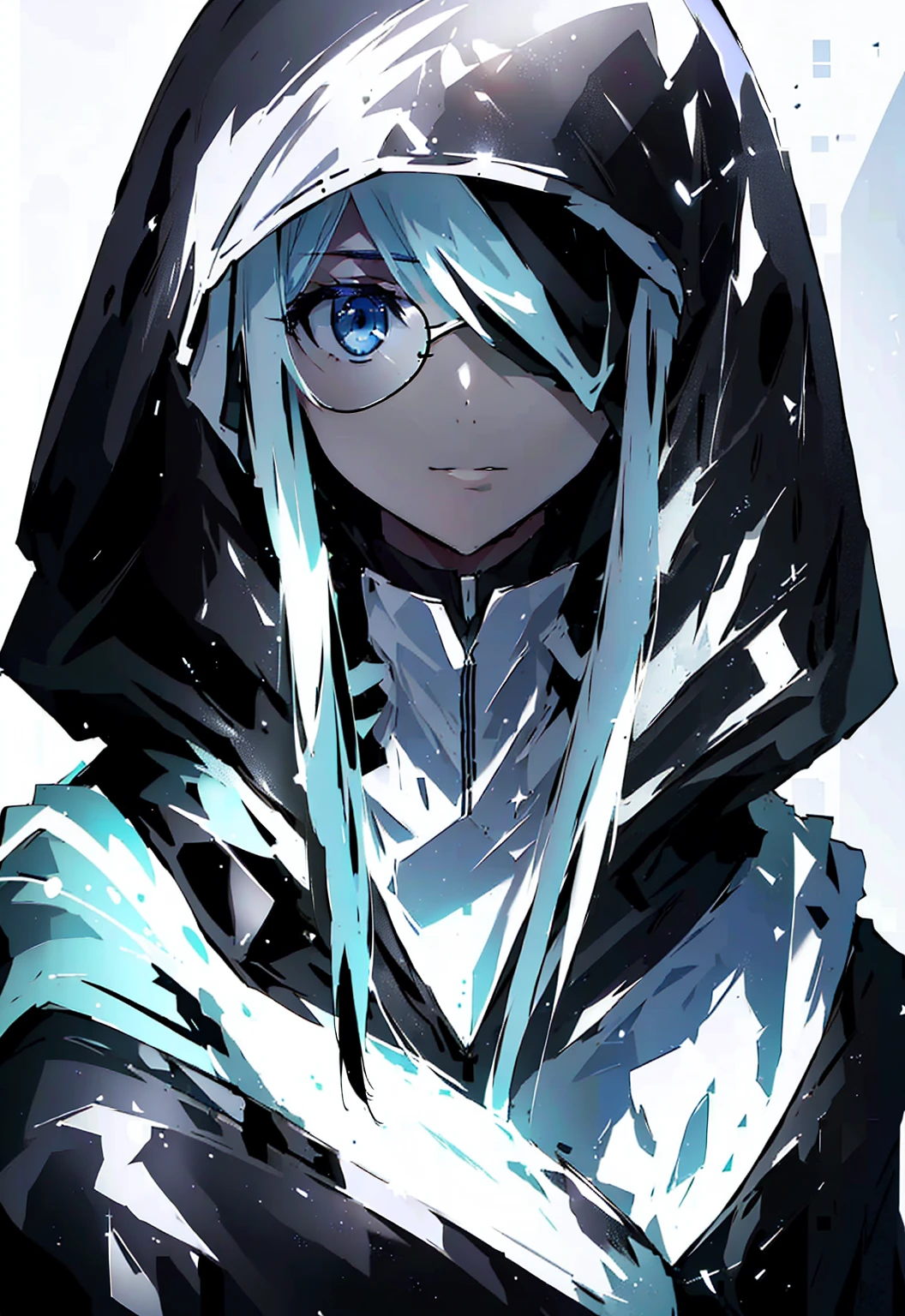 ((( White background, Good eyesight 、 viewer with strong eyesight ))), ((  hood to cover face  ,Only the mouth is visible from the hood,  I can't see my face  ,Wearing a hood,woman)),  Best Quality,  Light blue hair , 白のフードで  I can't see my face  , whole body,  very detailed、 High image quality、 High image quality、 depth of written boundaries  ,ice control