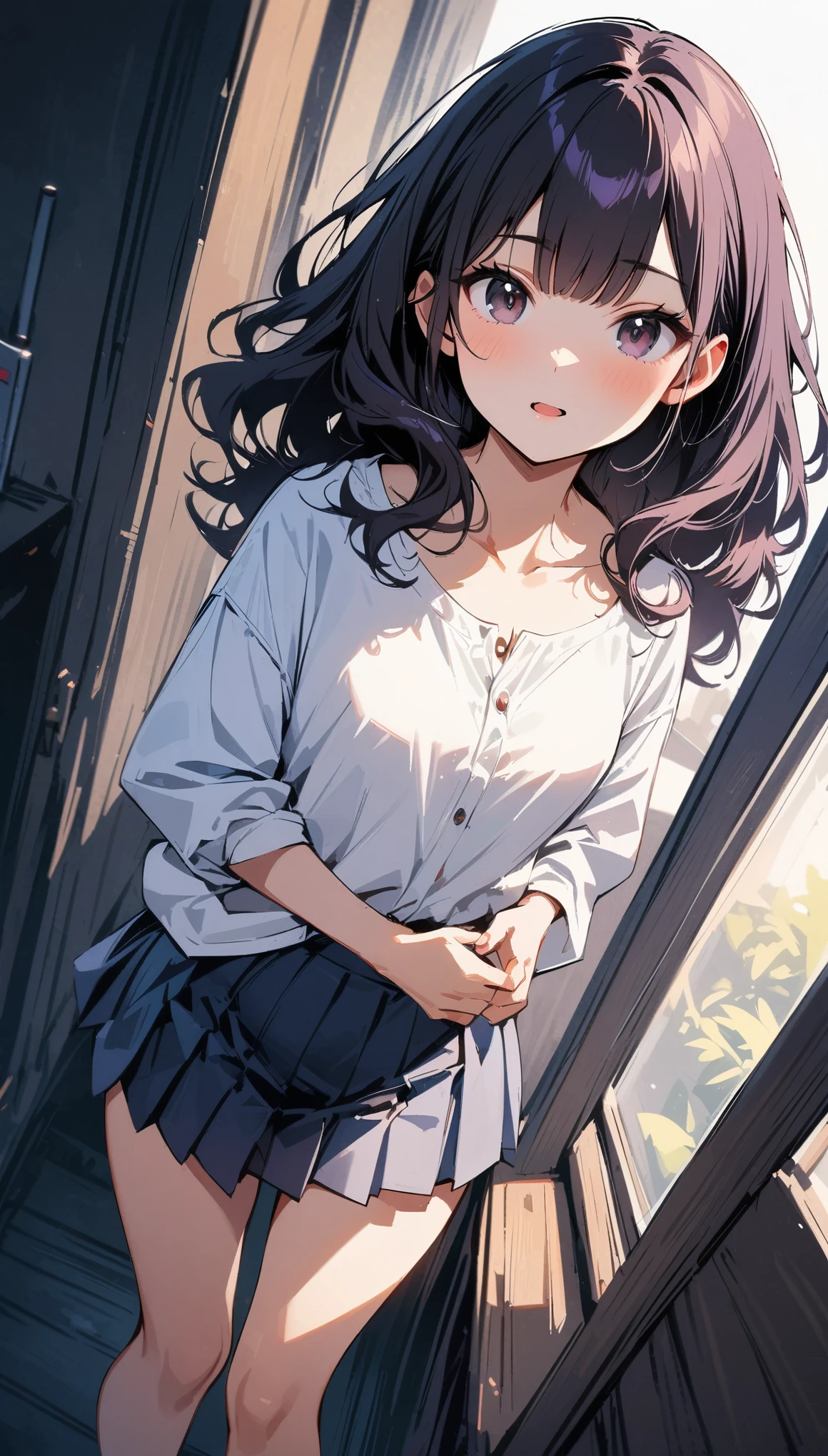 high quality, 最high quality、 Stylish design, (((The cutest girl))), ((Thin legs))、(((最high quality))), High resolution, ((detailed)), ((masterpiece)), ((Super detailed)), 17-year-old girl,(8th life),(camisole、mini skirt),((Black Hair,Inner Color)),((comics(Jump)Reading))