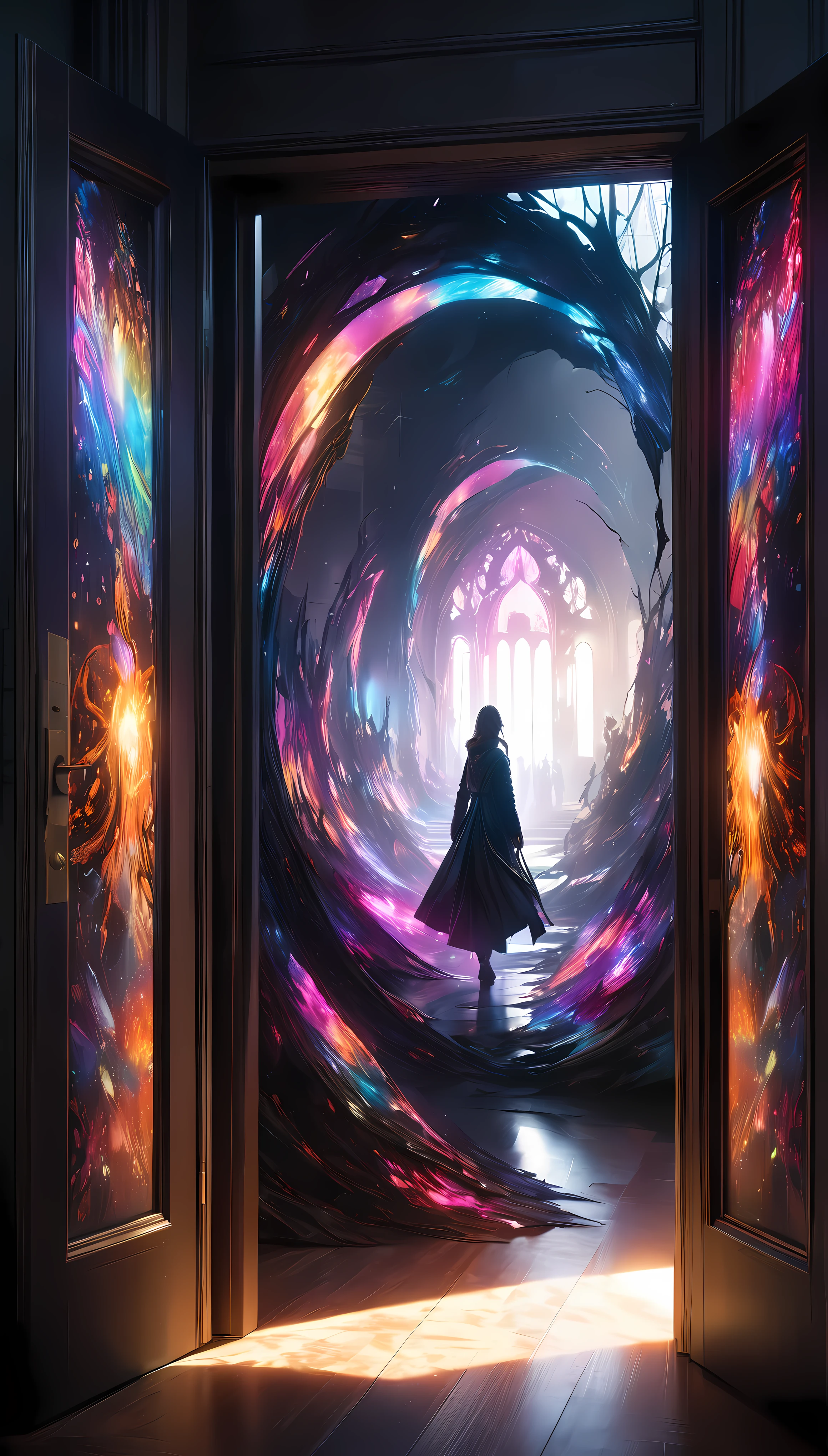 A dark fantasy door opening to a bright, shimmering fantasy world ...