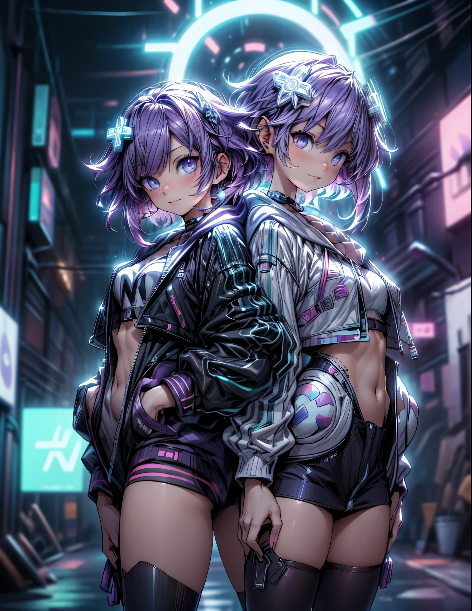 score_9, score_8_up, score_7_up, score_6_up, score_5_up, source_anime, 1girl, Alone, purple eyes, purple hair, Short Hair , sidelocks, d-pad hair ornament, smile, closed mouth, choker, shoes, white choker, hoodie, jacket, striped, striped legwear, thighhighs, standing, looking at viewer, dutch angle, cowboy shot, inDoors, Neptune \(Neptunia)\, Cyberpunk Concept, rain, Neon lights, High resolution , masterpiece , necessary, Anatomically correct , Premiado muchas veces, The best quality, Detail, HD model, Details altos, lyrics, quality, improvement, Textured skin , UHD, American flat , Anatomically correct ,