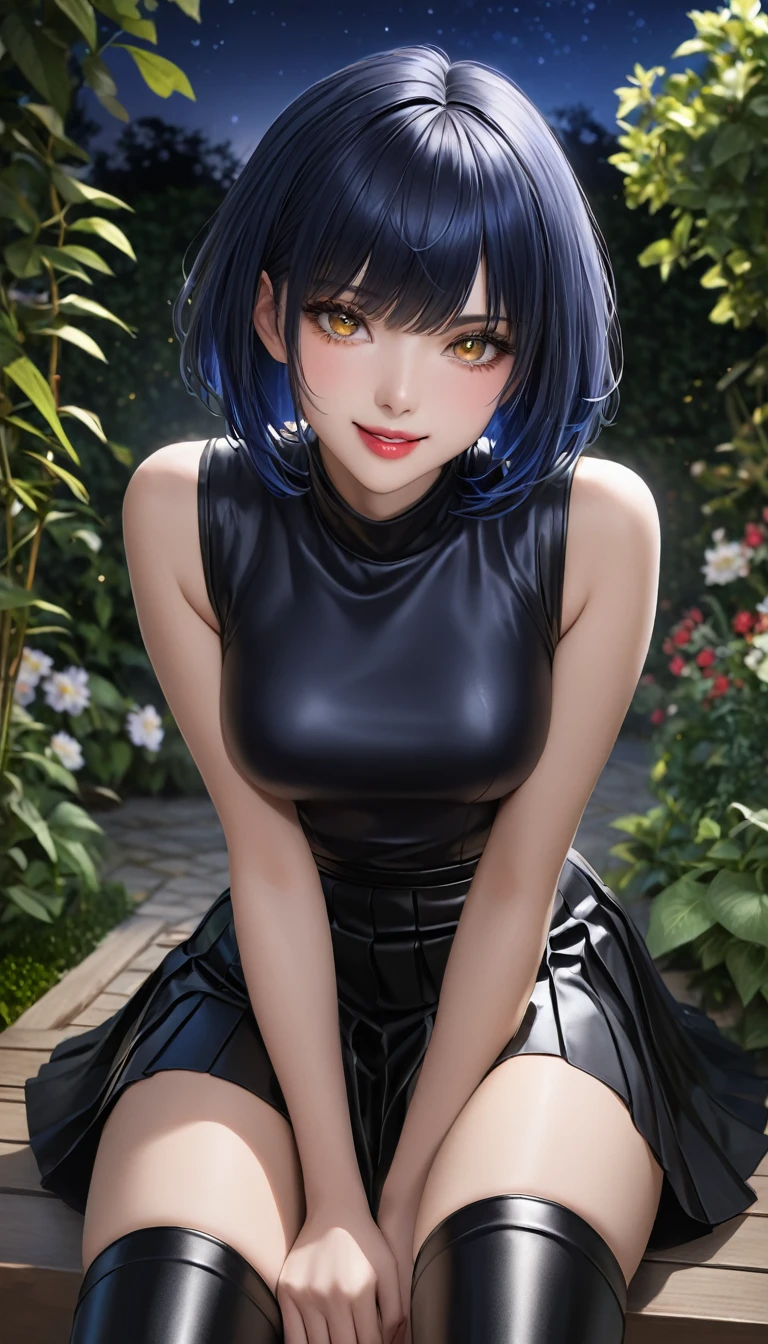 masterpiece,   high definition ,   is anatomically correct , 最 high quality,   high detail ,  high definition model ,   very detailed,   high quality,  Ultra High Definition,   textured skin , Realistic Skin,  dark blue hair,  short hair,  bangs between eyes,  golden eyes, Hanging eyes,  Sparkling Eyes, Adult women, textured lips, 
Smile,
Black sleeveless, Black leather pleated skirt,  I'm wearing thigh-high boots,
garden, night,  on your lap,
 open legs, Holding down her skirt with her hands