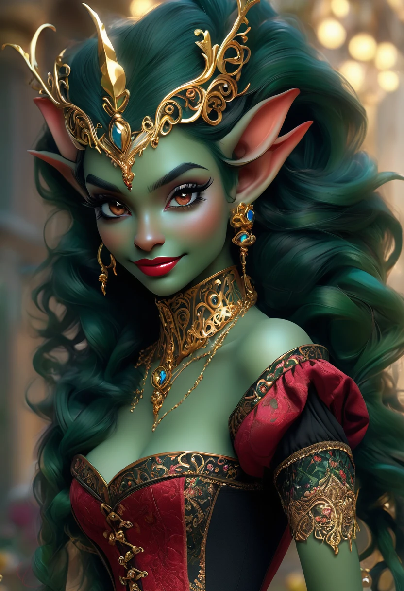 A beautiful goblin princess with dark green skin and large elf ears protruding to the side.  Her attire is a corset-style dress, intricately designed with floral and Rococo-inspired patterns, primarily in deep reds and black, adorned with gold and floral accents. The corset cinches her waist, emphasizing her figure, and is paired with a layered, flowing skirt. She wears gold hoop earrings and bracelets, adding to her elegant appearance. Her expression is warm and inviting, with large, detailed blue eyes that exude a sense of charm and allure. Her lips are curved in a friendly, engaging smile, and her gaze is directed at the viewer, creating a sense of connection.